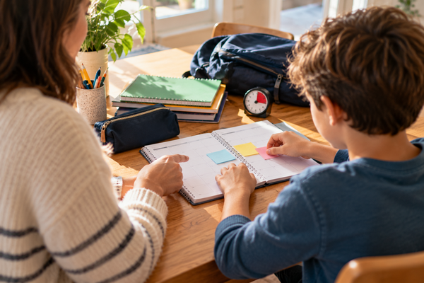 Parent helping a school-aged child build executive function skills using a homework planner and weekly schedule.