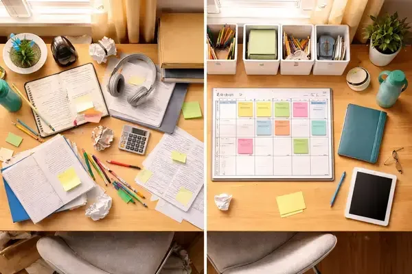 Before and after organized teen desk for ADHD management