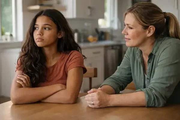 Parent and teen with ADHD during emotional conversation at home