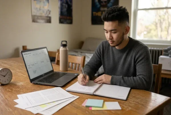College student reviewing an ADHD schedule on Sunday