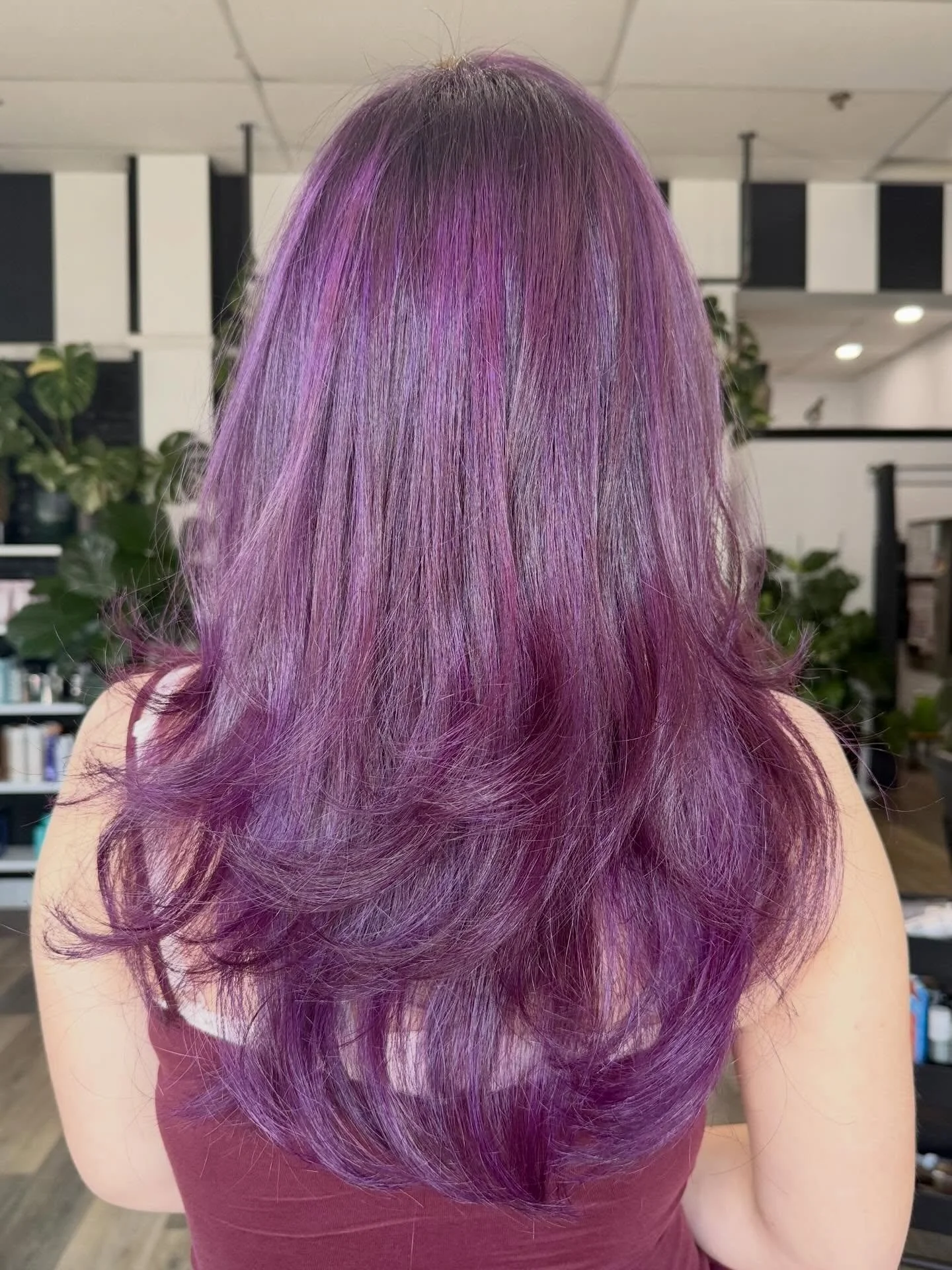 If the purple didn&rsquo;t grab you, those bouncy layers will 💜

#purple #hair #haircolor #naticksalon #goldwell