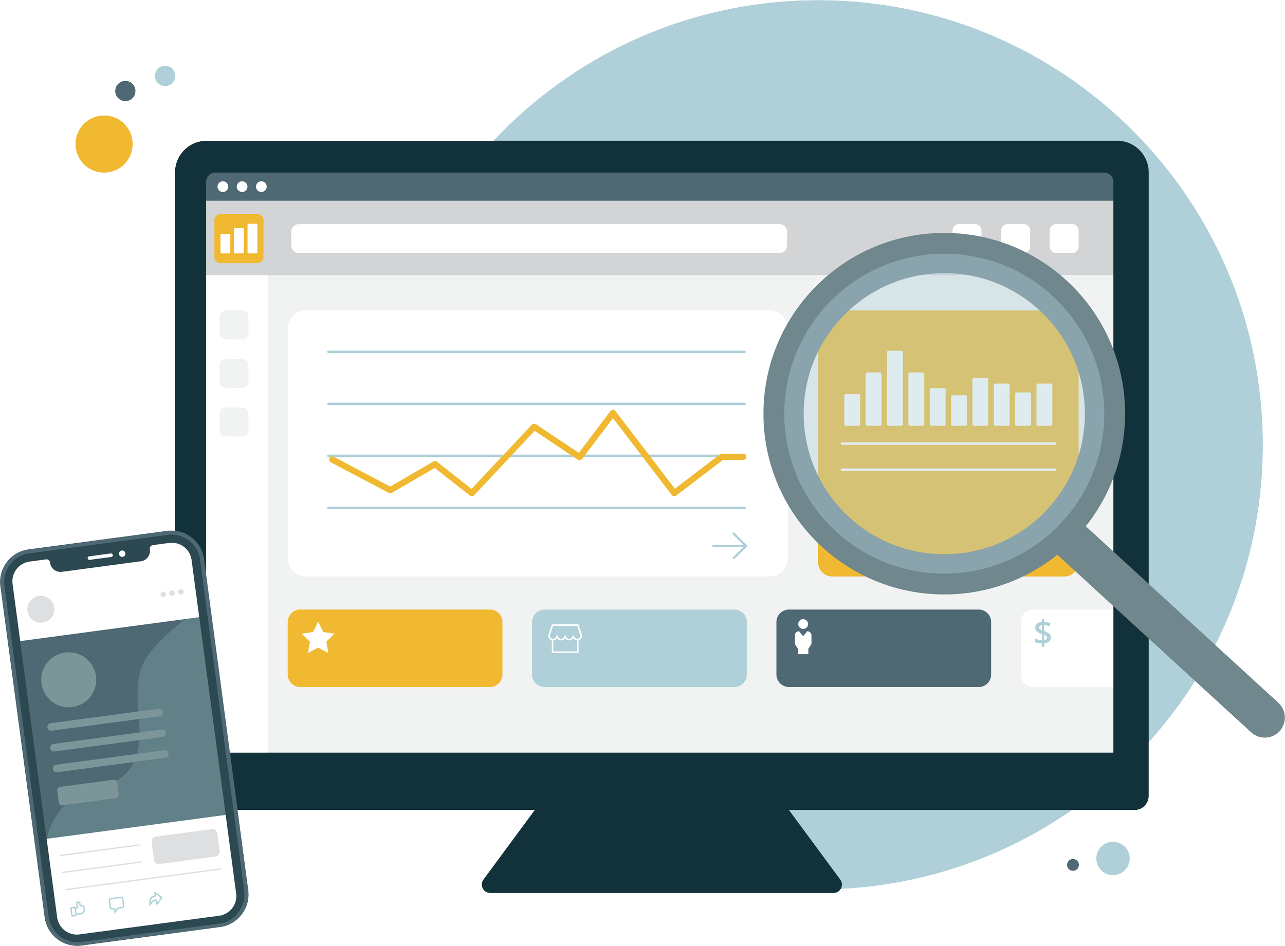 Icon showing a mobile and computer screen with analytics software, next to it is a magnifying glass to show the auditing process.