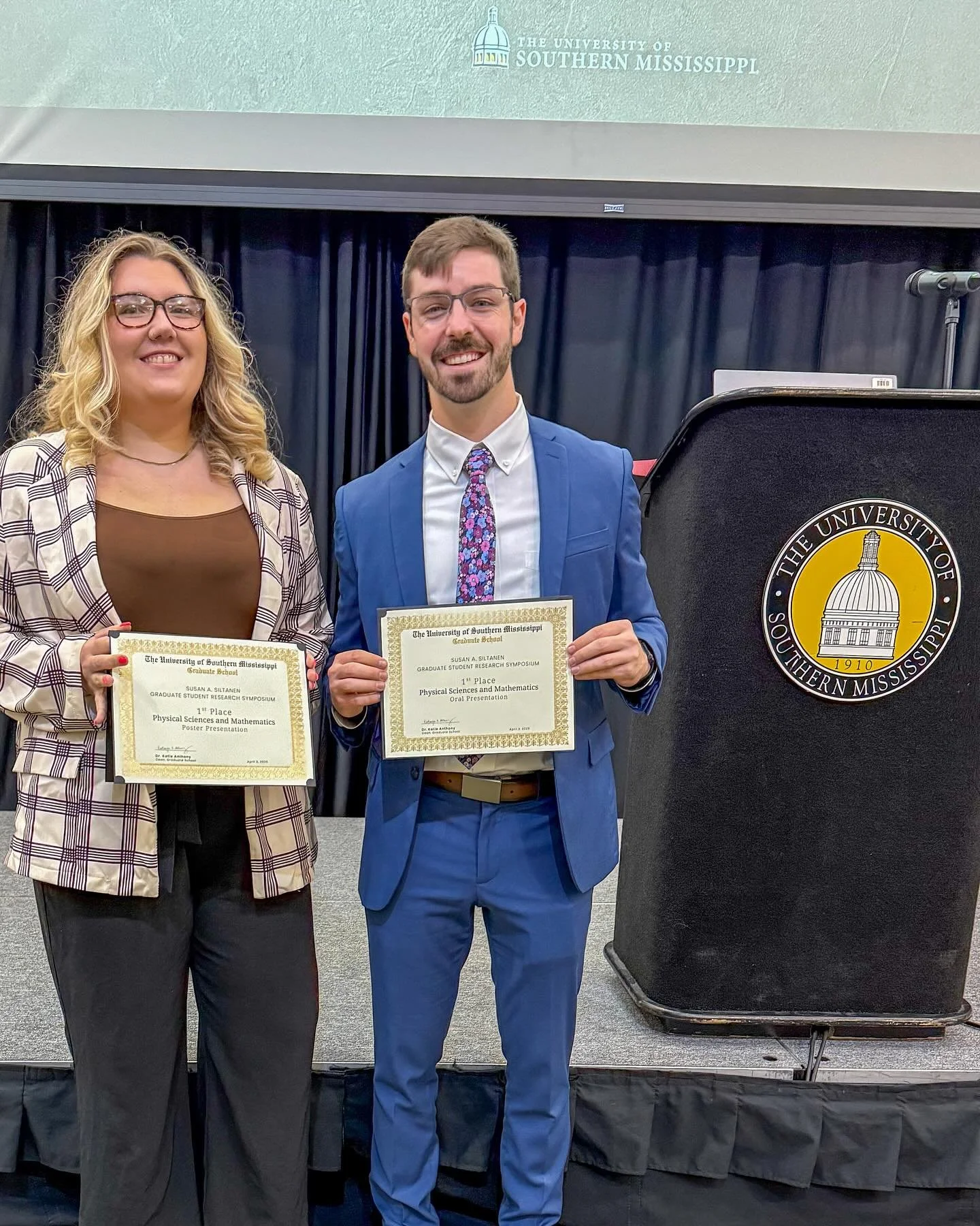 It’s a clean sweep. Just two of our @clemonslab senior graduate students taking out first places at the USM Susan A. Siltan Graduate Student Research Symposium. @penelopejankoski in the physical science and mathematics poster presentation and @