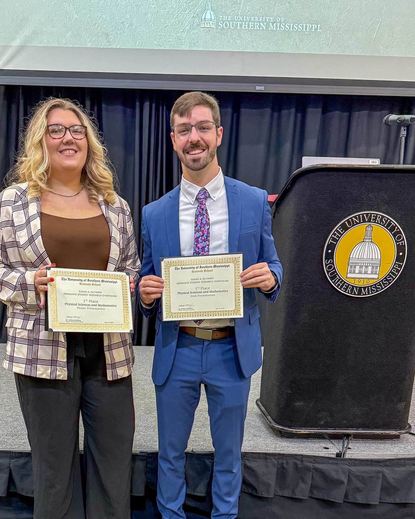 It&rsquo;s a clean sweep. Just two of our @clemonslab senior graduate students taking out first places at the USM Susan A. Siltan Graduate Student Research Symposium. @penelopejankoski in the physical science and mathematics poster presentation and @