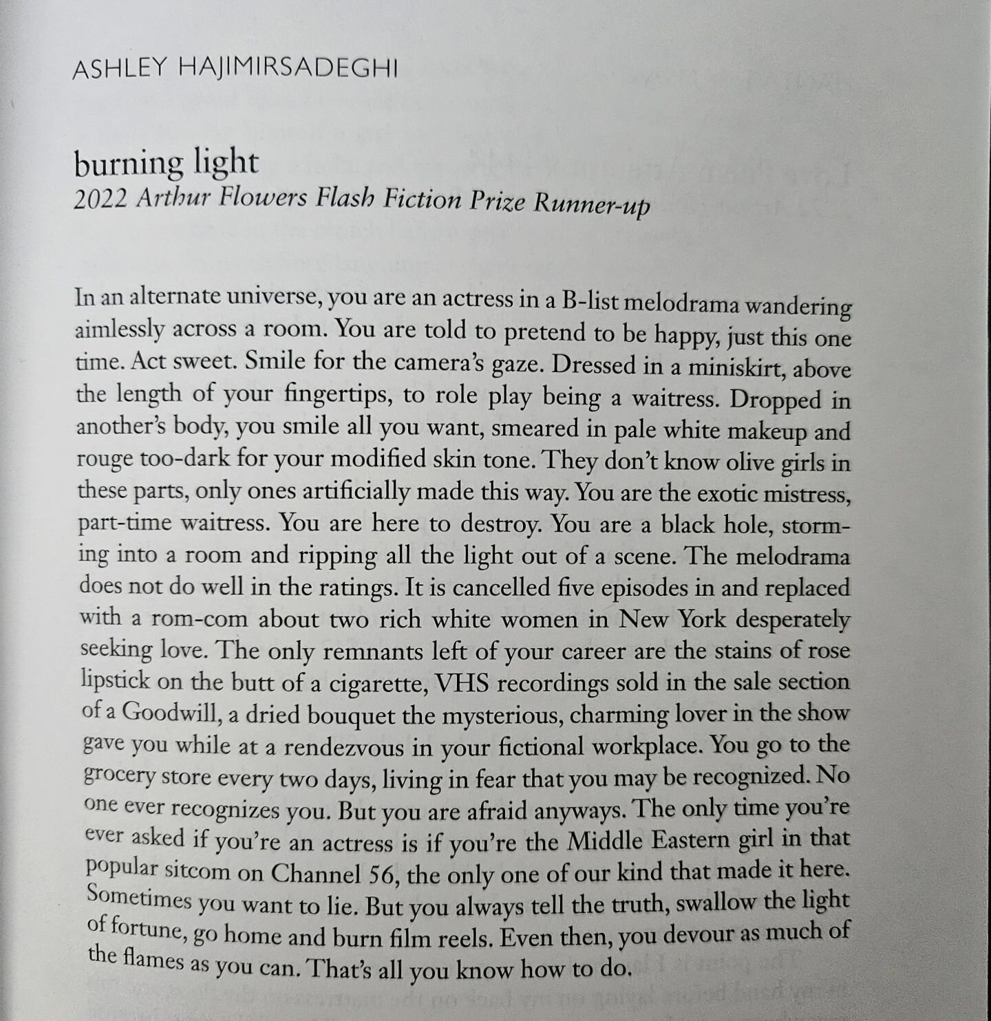 so excited that my copy of salt hill 50 arrived! eternally grateful to the salt hill staff (@salthilljournal), and to the incredible Mona Awad (@misss_read) for selecting my little flash piece as runner up for the 2022 Arthur Flowers Flash Fiction Pr