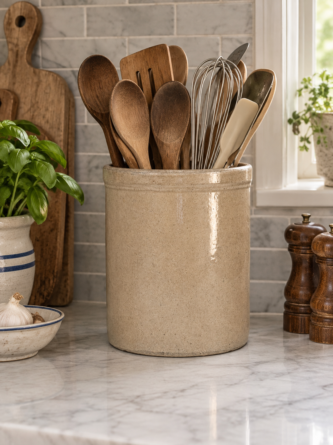 Rustic Stoneware Crock Kitchen Vignette