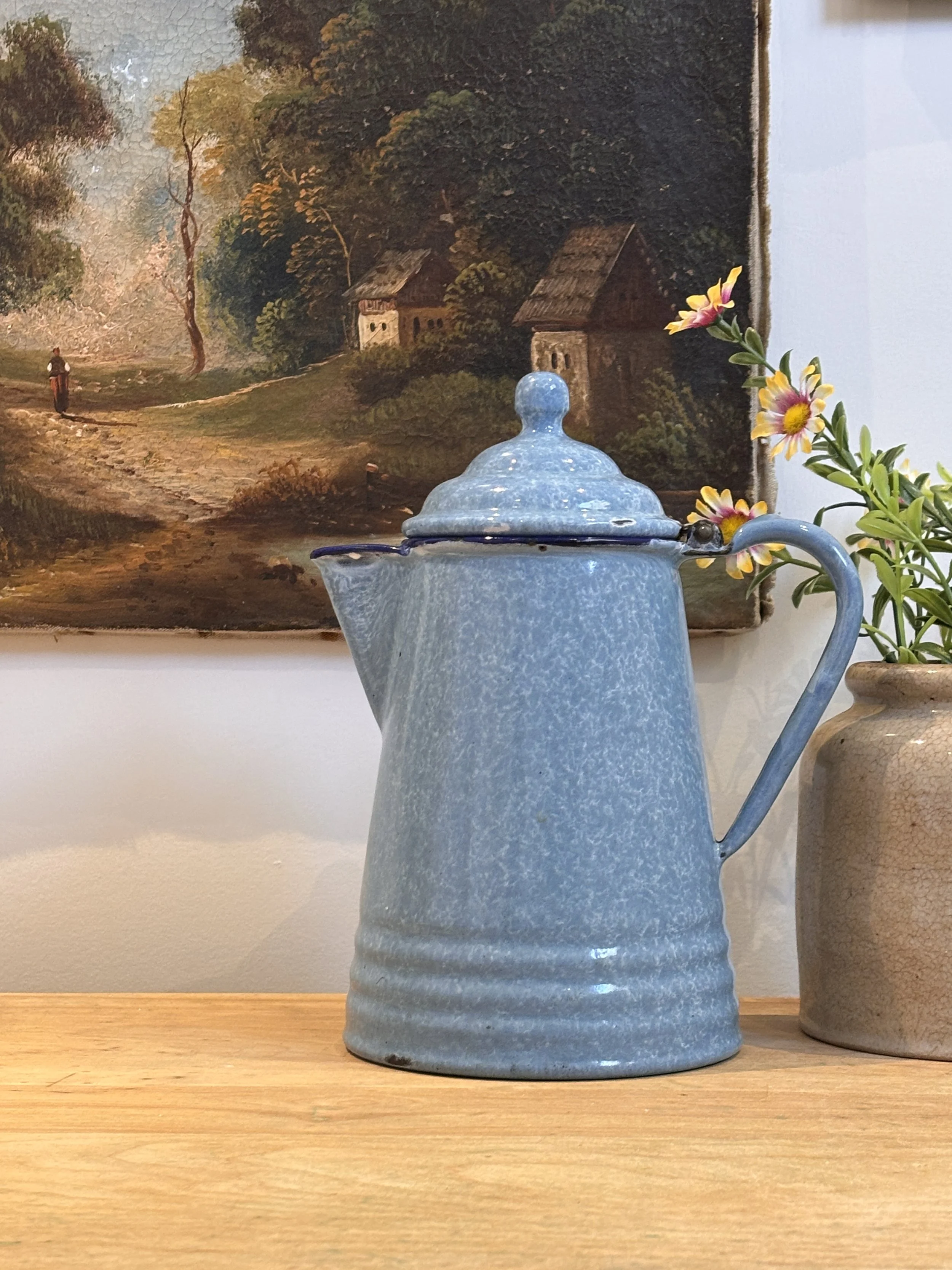 Rustic Vintage Blue Speckled Enamel Coffee/Tea Kettle