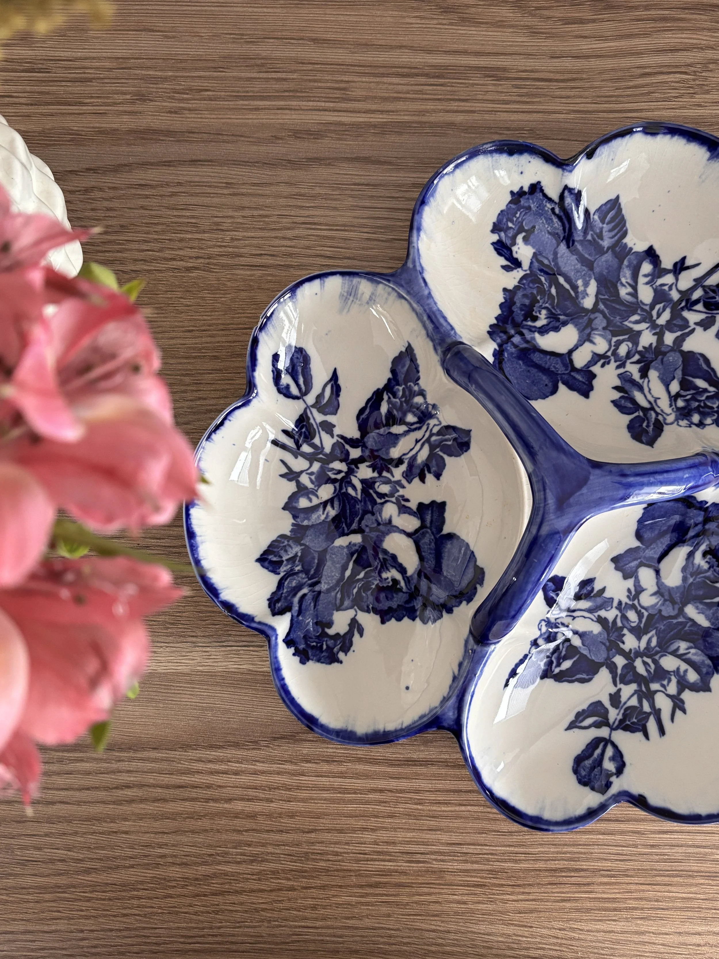 RARE Staffordshire Victoria Flow Blue Rose Ironstone Divided Relish Serving Dish