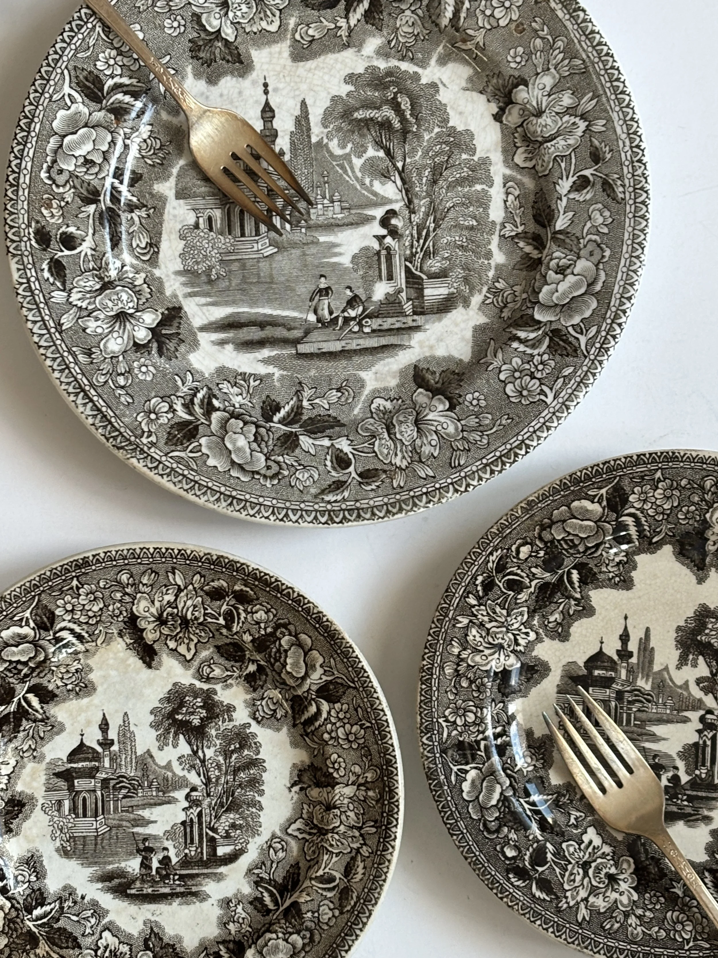 Curated Antique Brown Transferware Plate Pairing By J Marshall C 1860