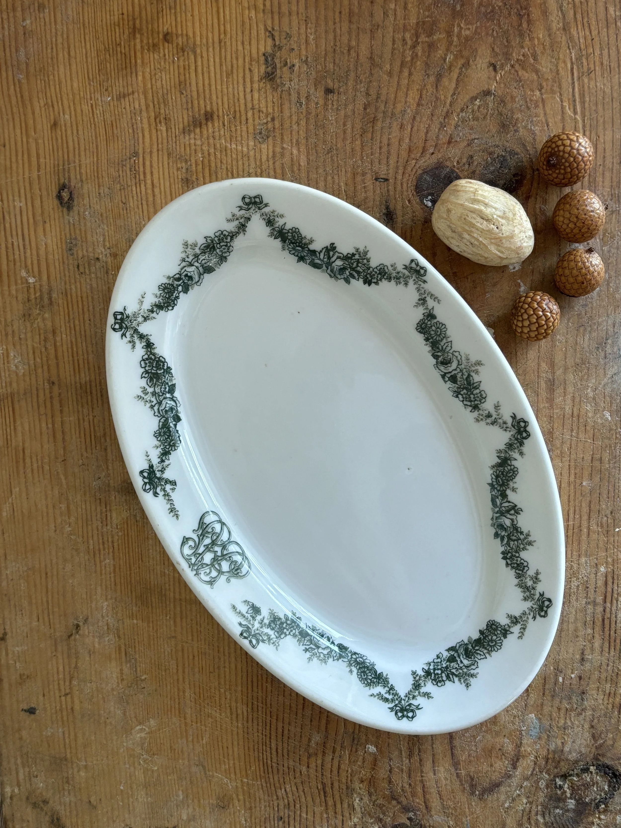 Vintage Green and White Transferware Spoon Rest