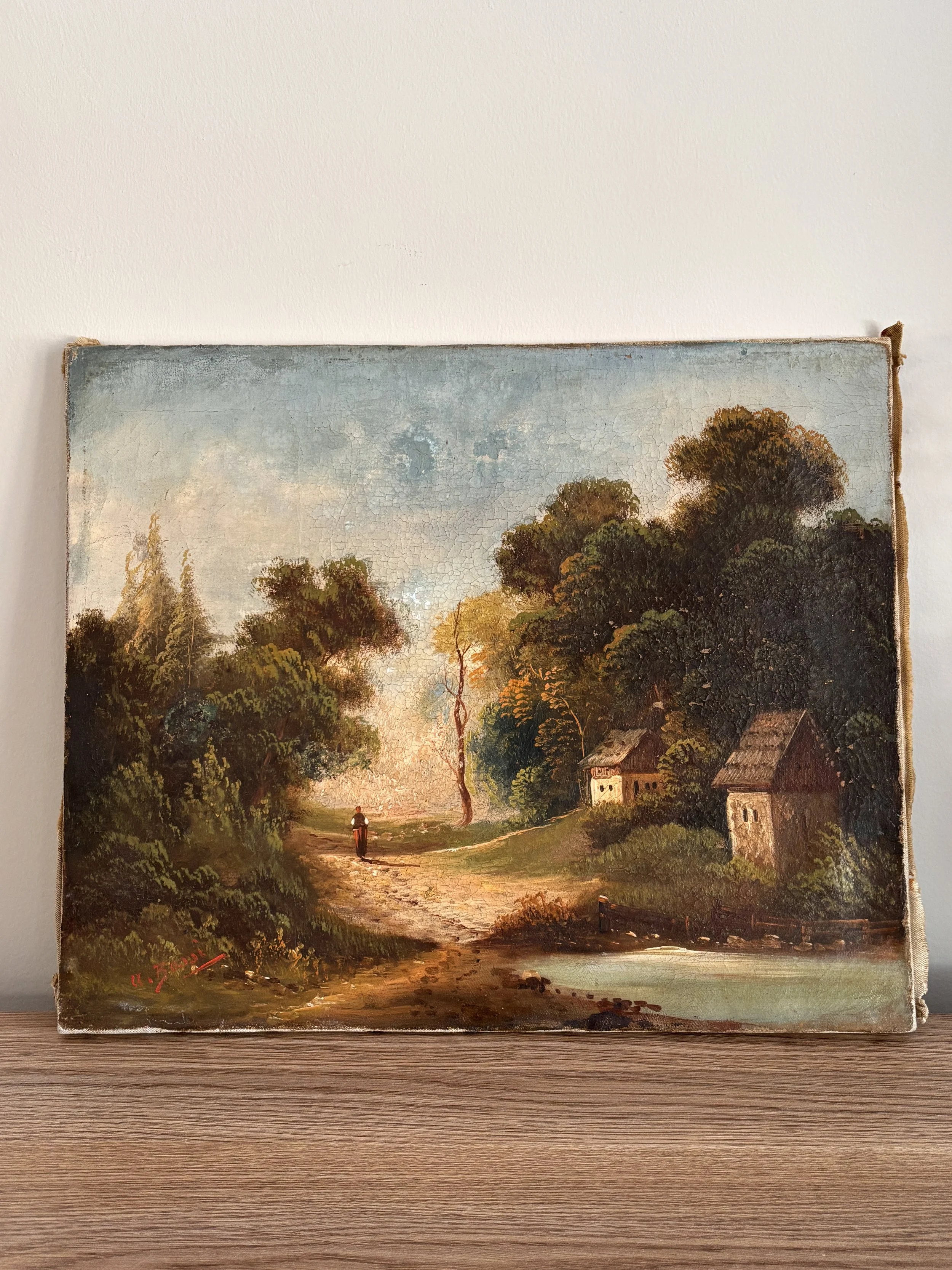 Antique Landscape French Oil Painting On Canvas