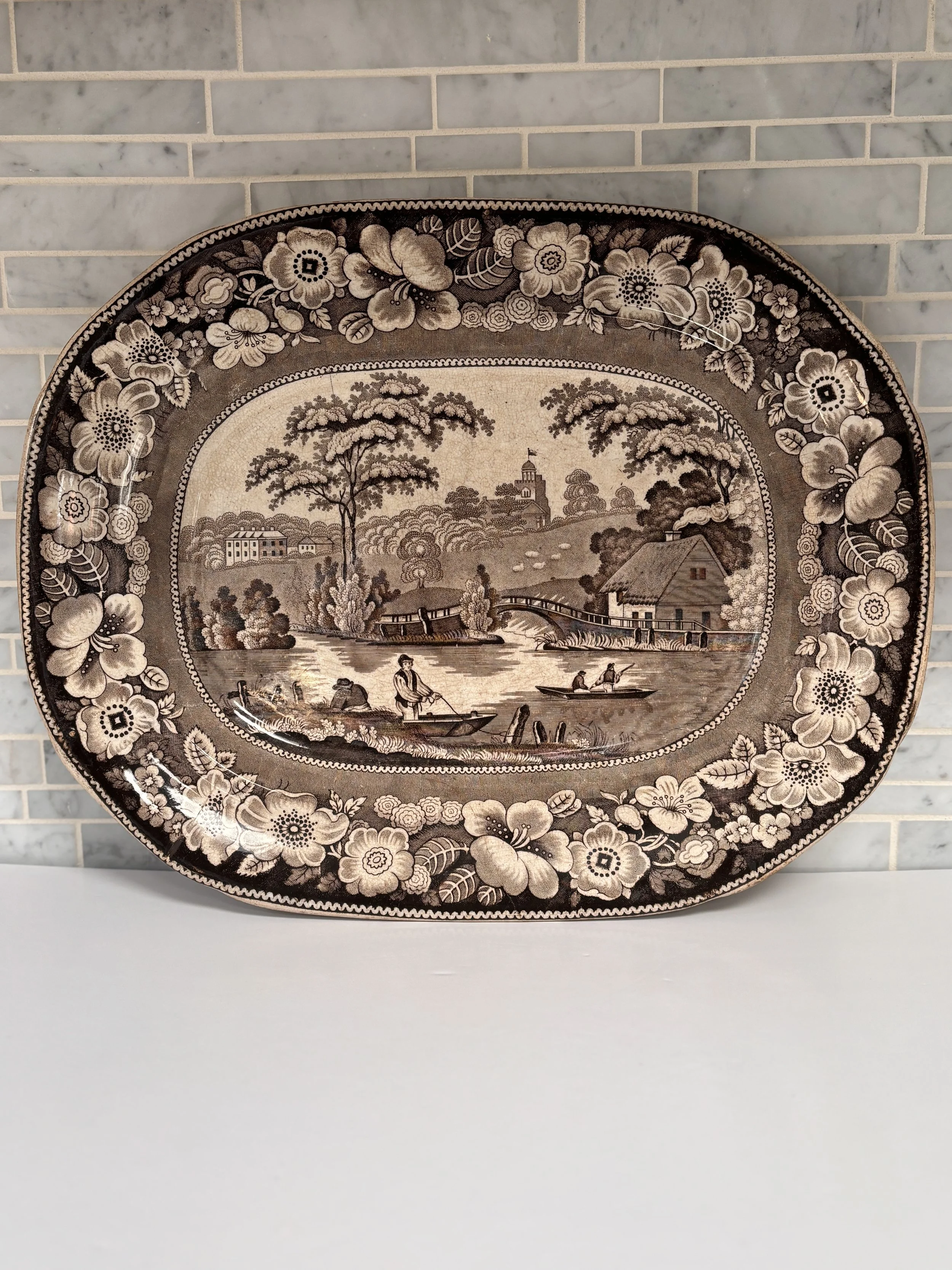 Antique Early 1815-1830 Brown Transferware Ironstone Large Platter