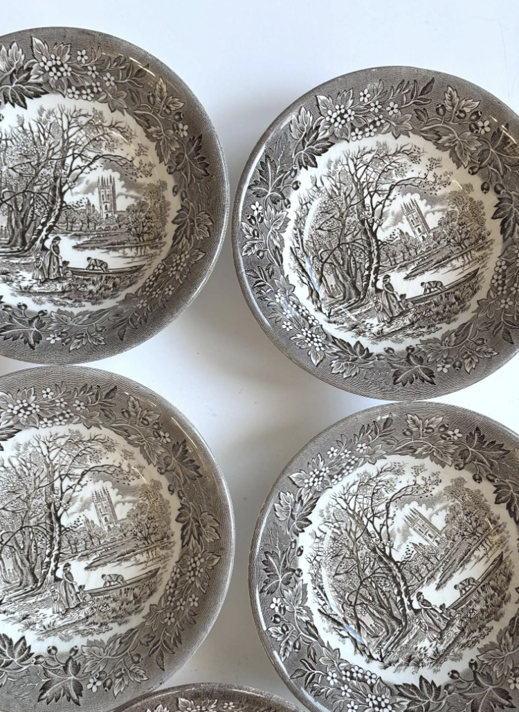 Vintage Brown Transferware 'Magdalen Tower' English Ironstone Soup Bowl Set of Five