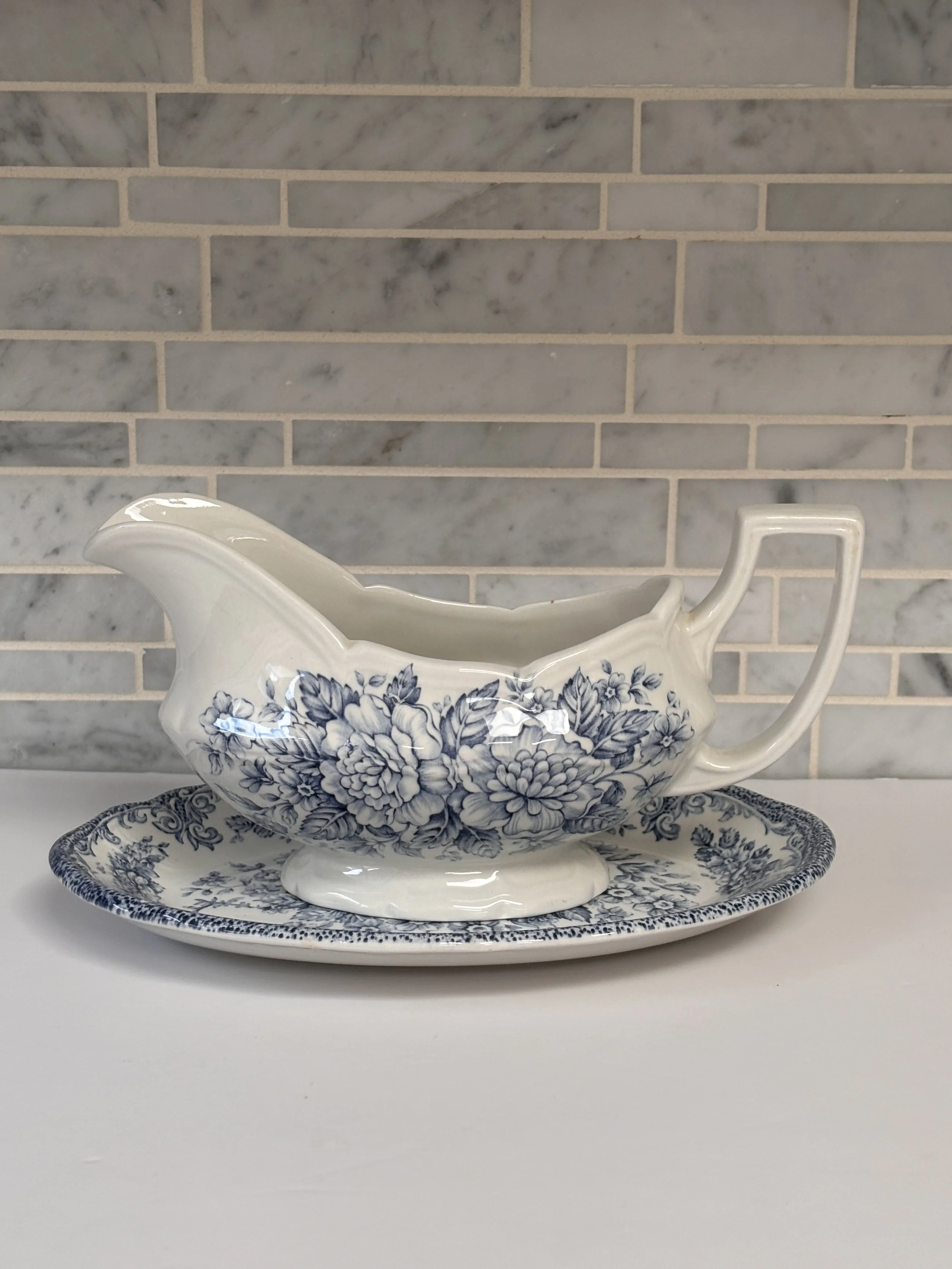 Vintage Blue Transferware Gravy Boat And Underplate