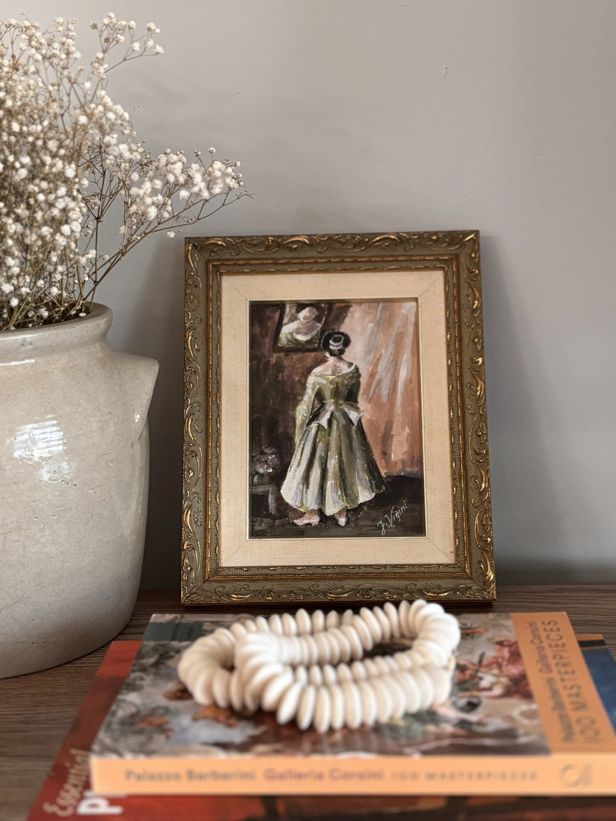Vintage Painting on Canvas Women In Green Dress