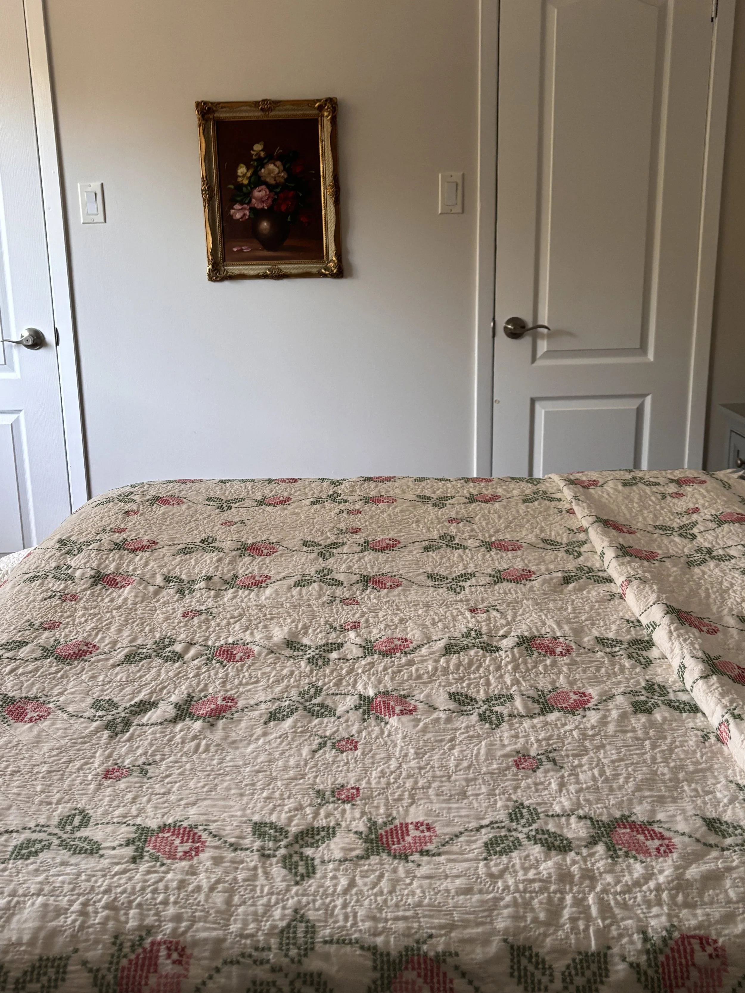 Vintage Hand Sewn Quilt With Floral Embroidery