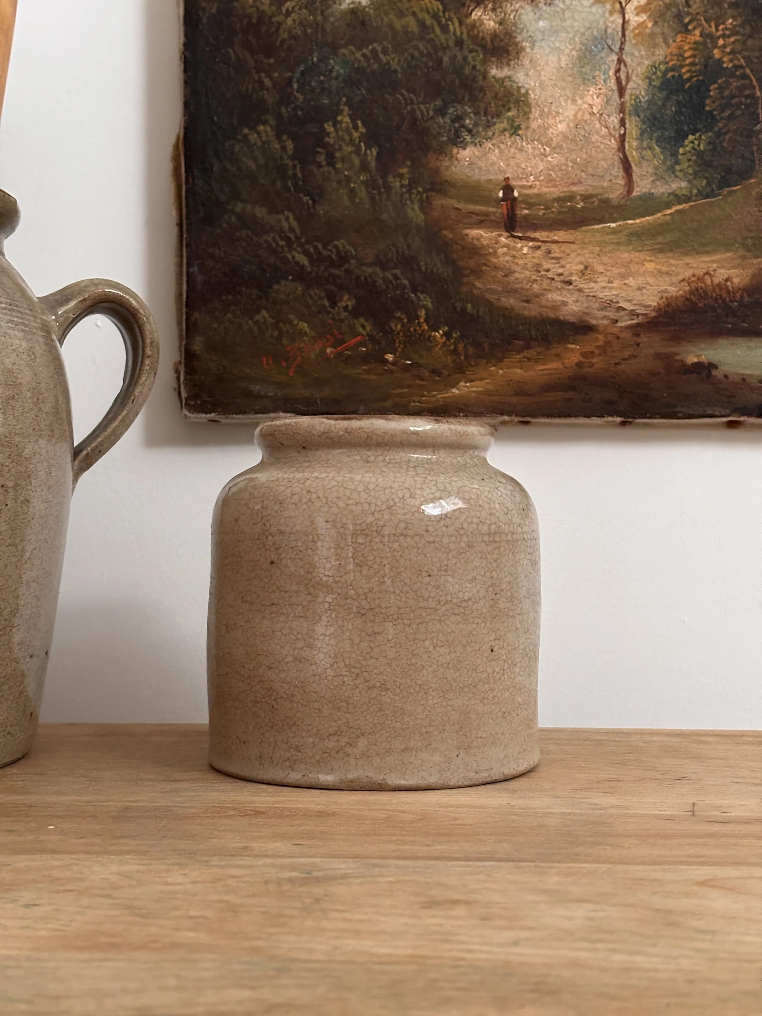 Antique French Stoneware Mustard Gray Pot Vintage Pottery Glazed Jar