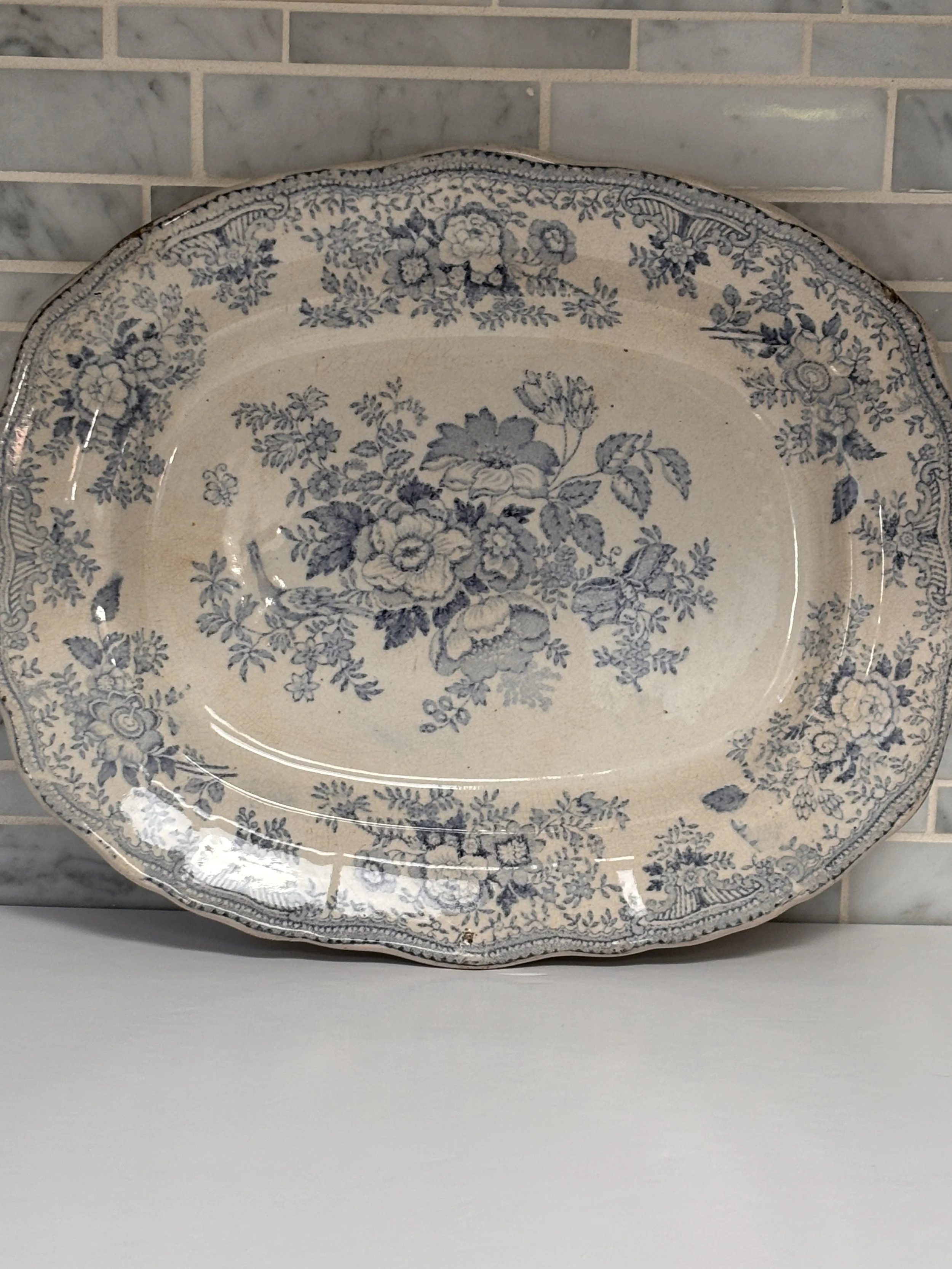 Antique Light Blue and White Barkers and Kent Asiatic Pheasant Platter