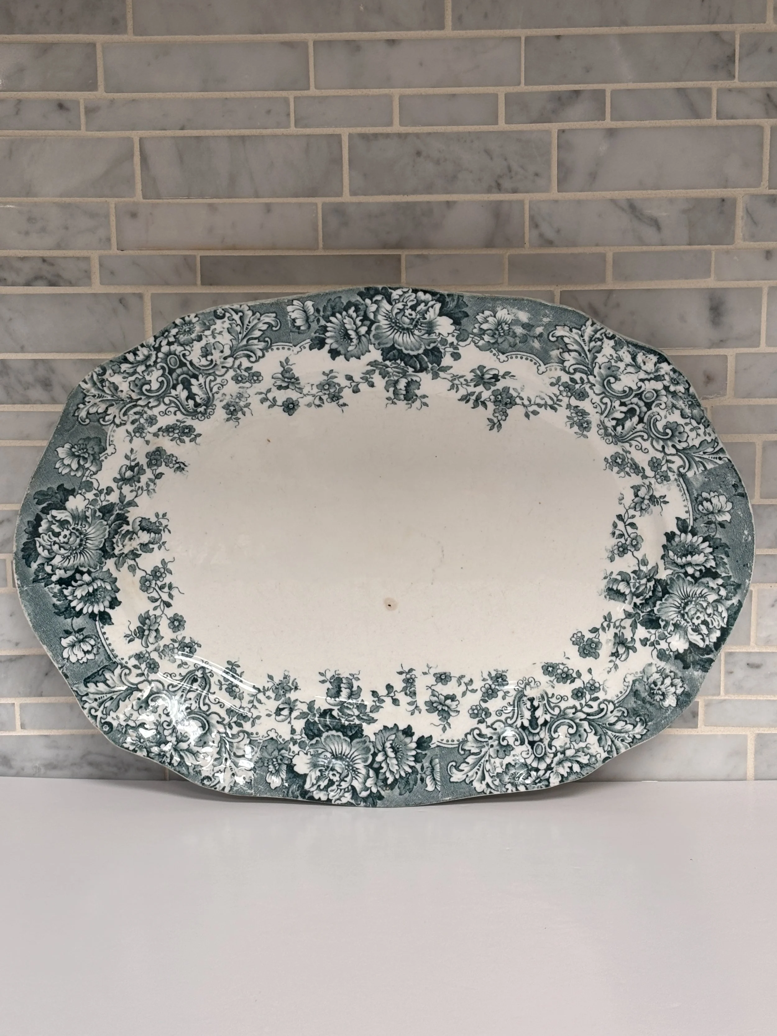Antique Ruskin Oval Platter Green Floral Transferware