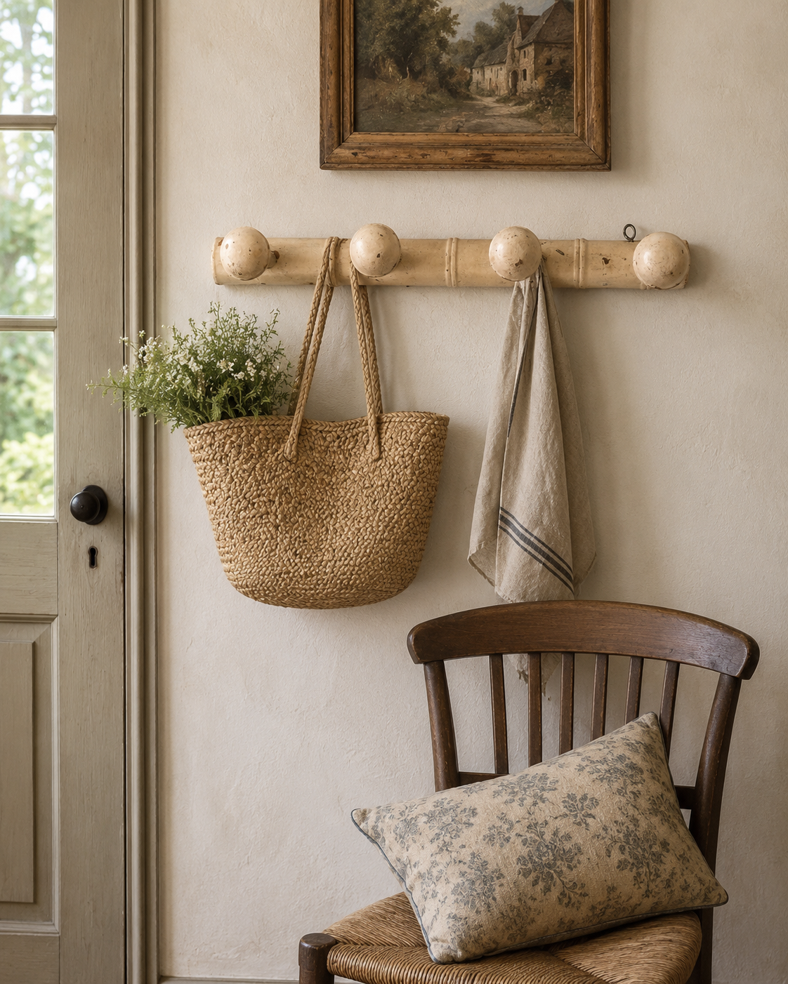 French Bamboo Coat Rack Vintage Wood Wall Hanger 4 Pegs