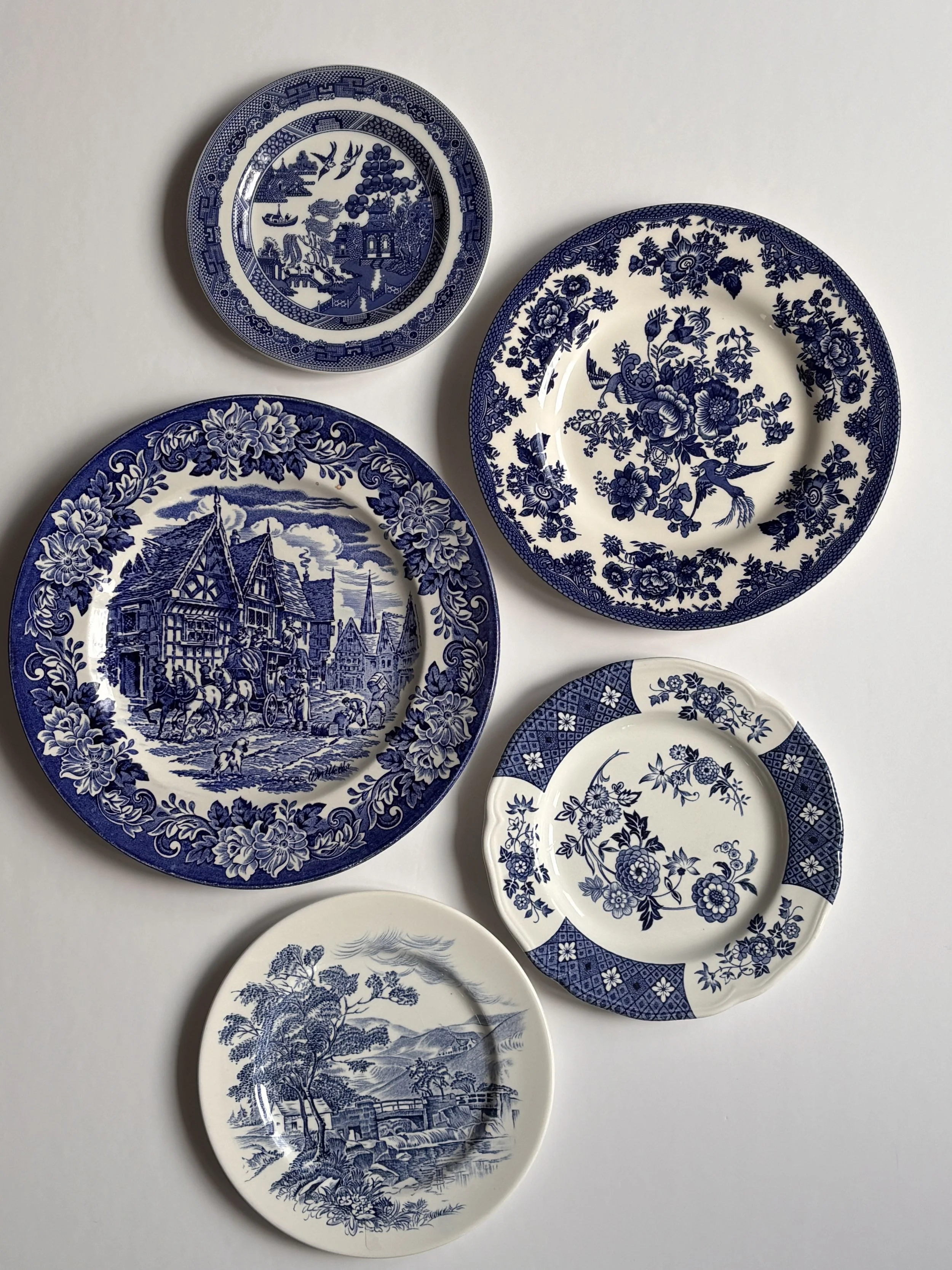 Curated Vintage Set of Blue and White Ironstone Wall Plates