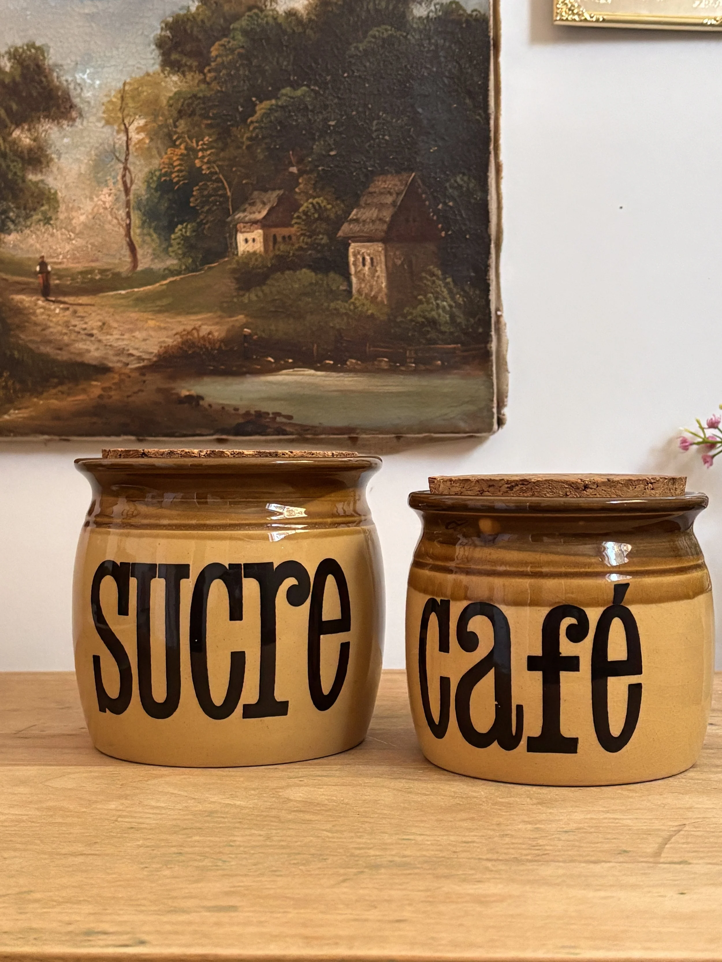 Vintage Granville Stoneware Sucre and Cafe Jars with Cork Lid