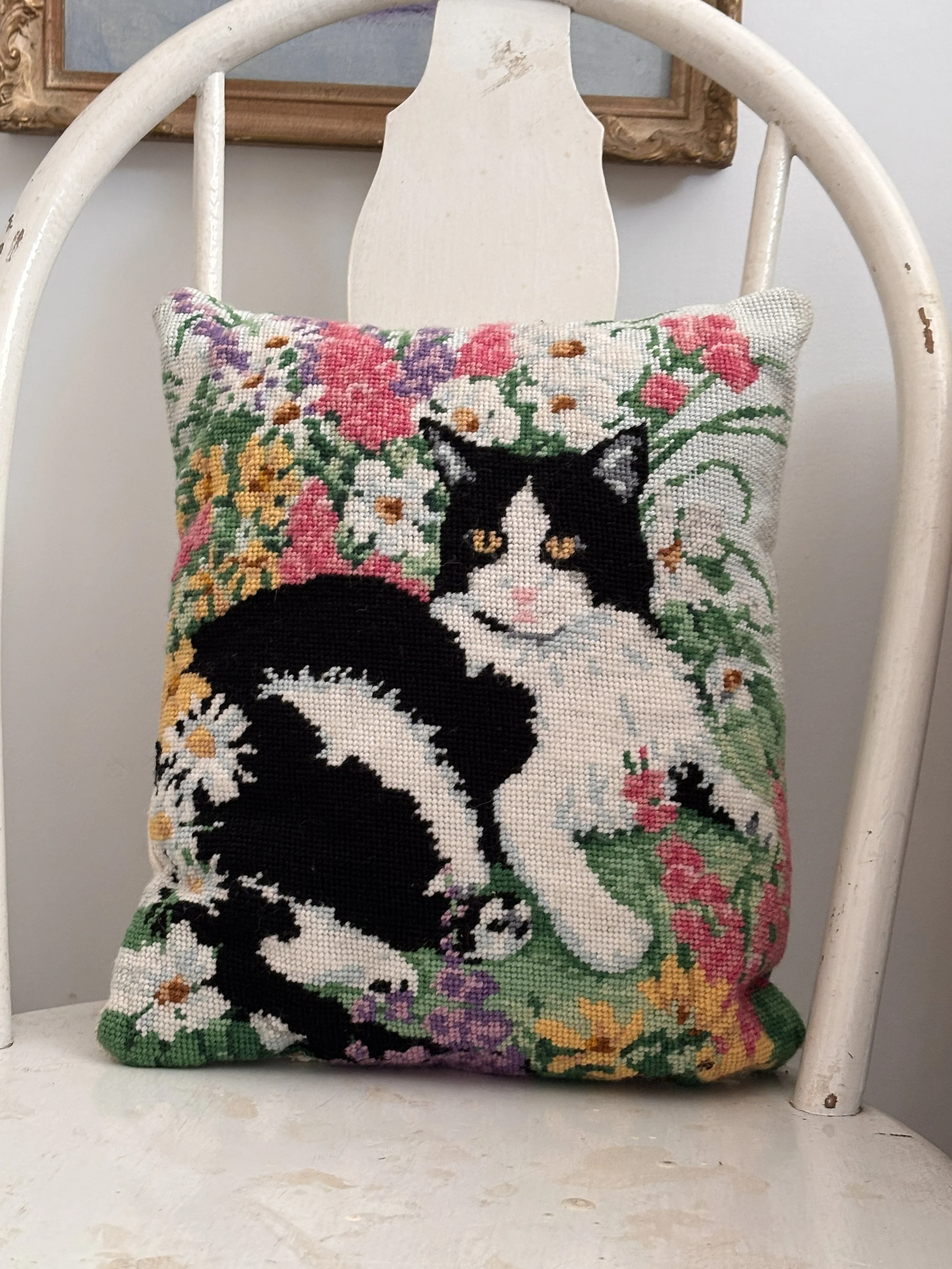 Vintage Needlepoint Black and White Cat Cushion