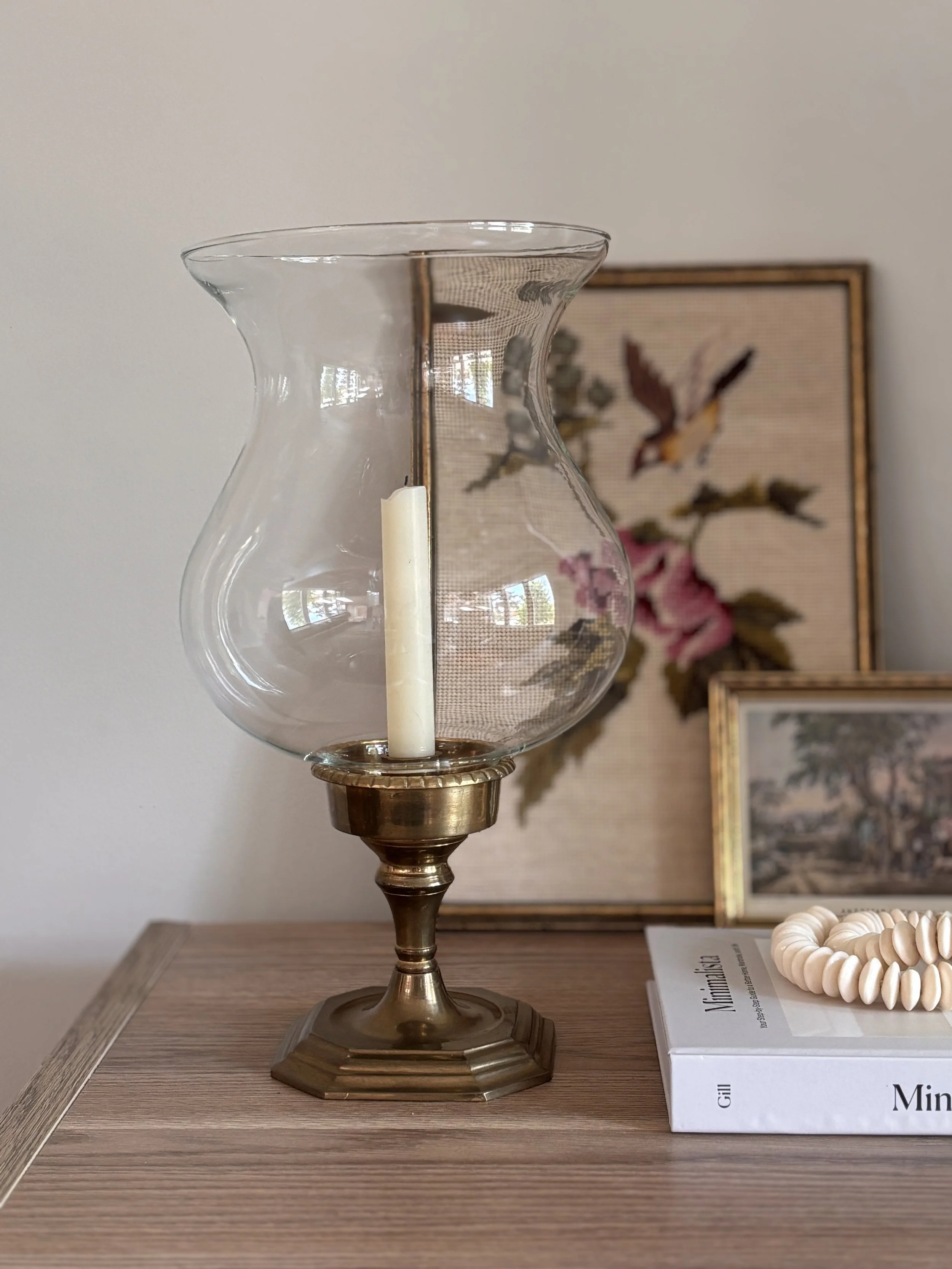 Vintage Large Glass And Brass Hurricane Candle Holder