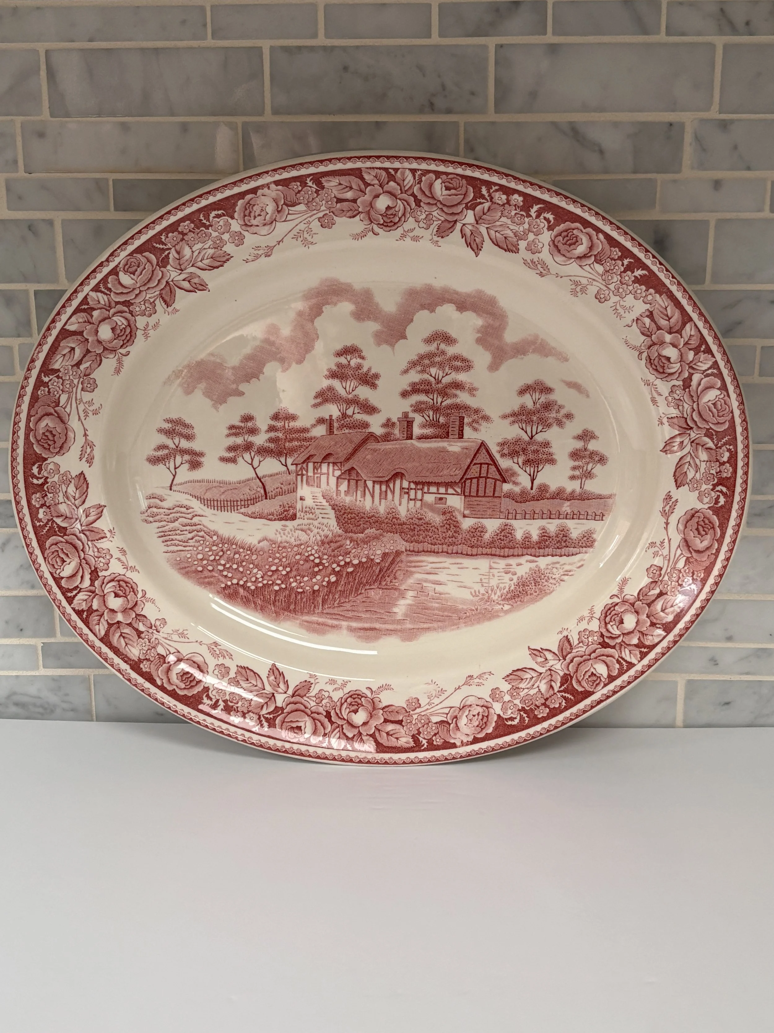 Vintage British Anchor Staffordshire Red Transferware Oval Platter