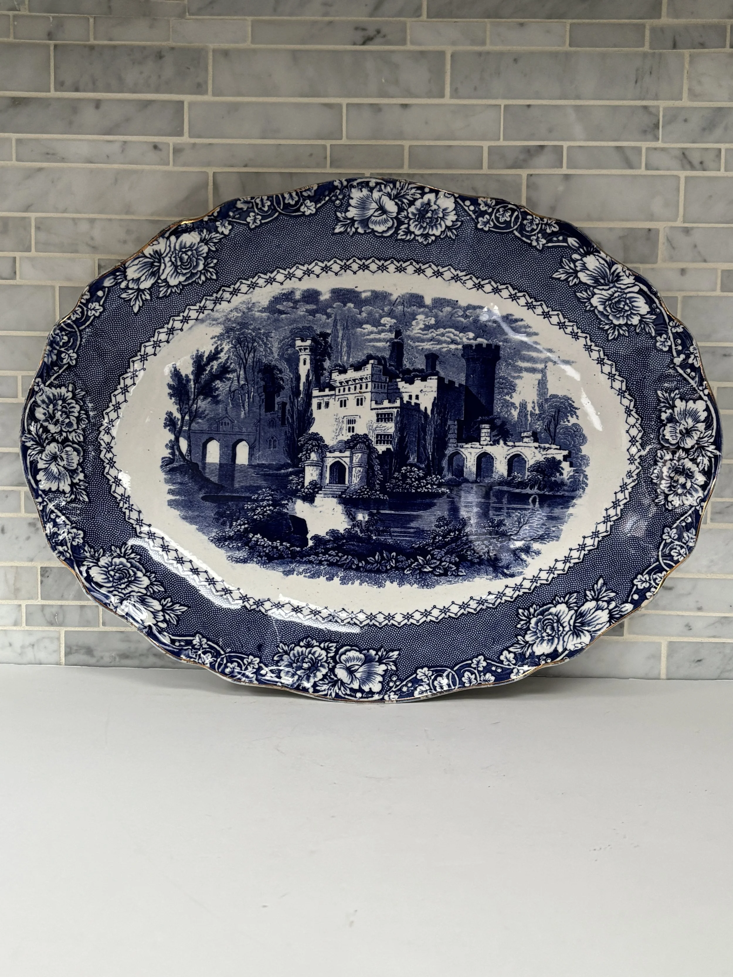 Antique Large Oval Blue and White Transferware Ironstone Platter