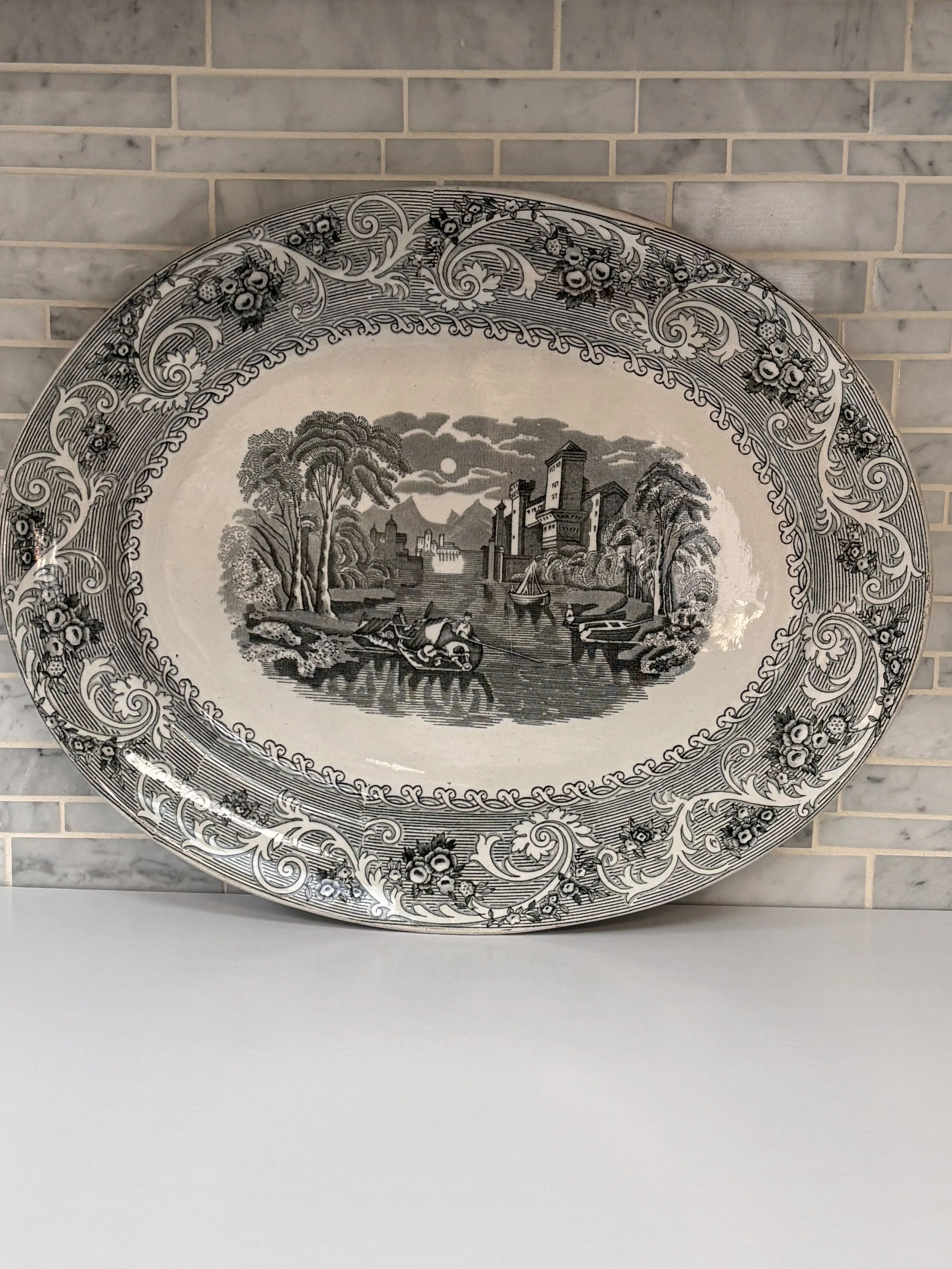 Antique 'Rhine' Black Large Black Transferware Large Platter by Wedgwood