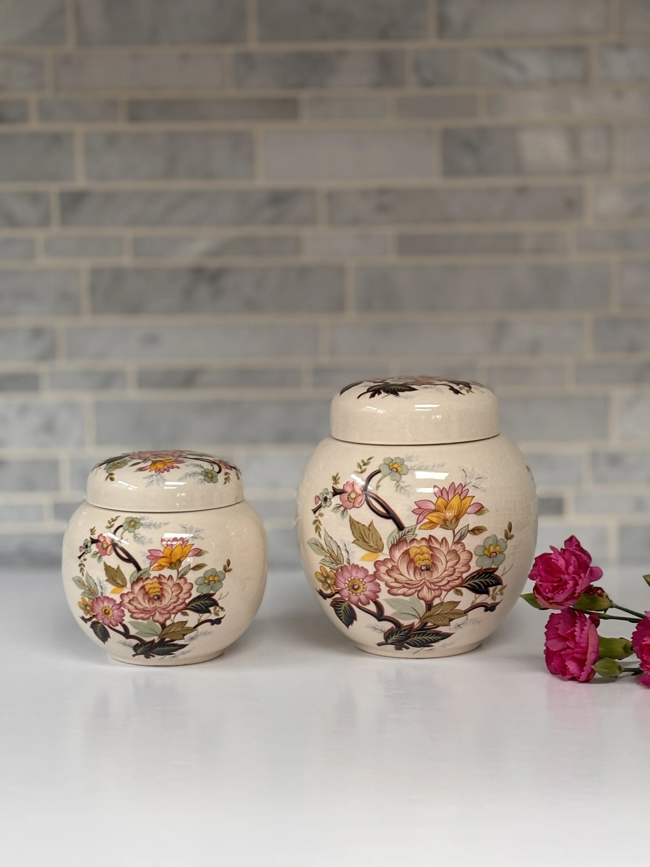Vintage Sadler Ginger Jar: English Floral Design Set of Two