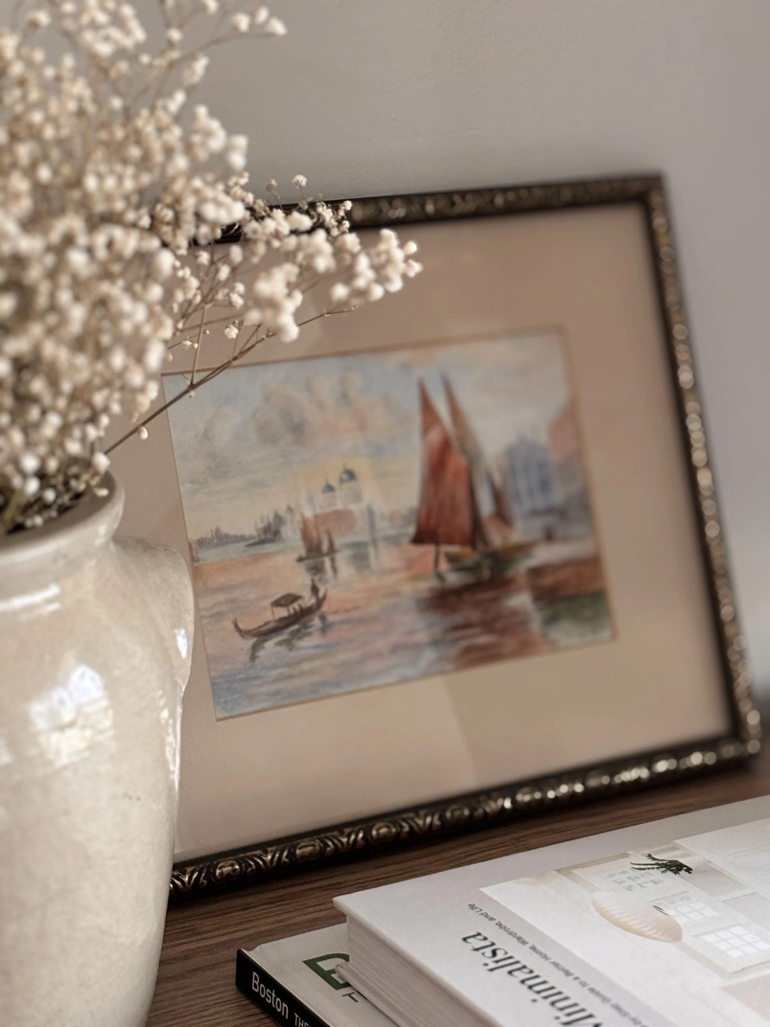 Vintage Watercolor Venetian Harbour Painting