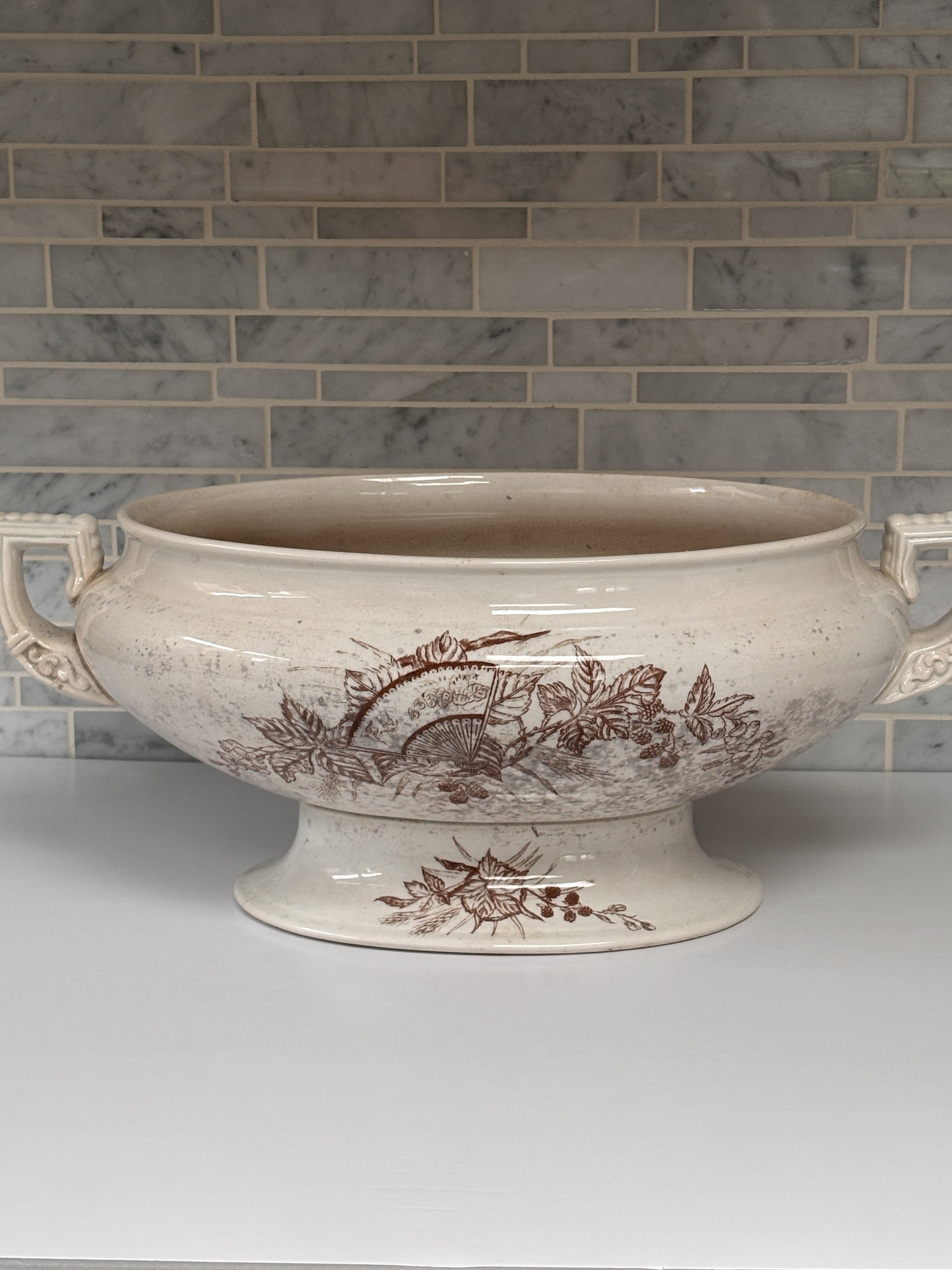 Antique Large Brown Transferware Soup Tureen