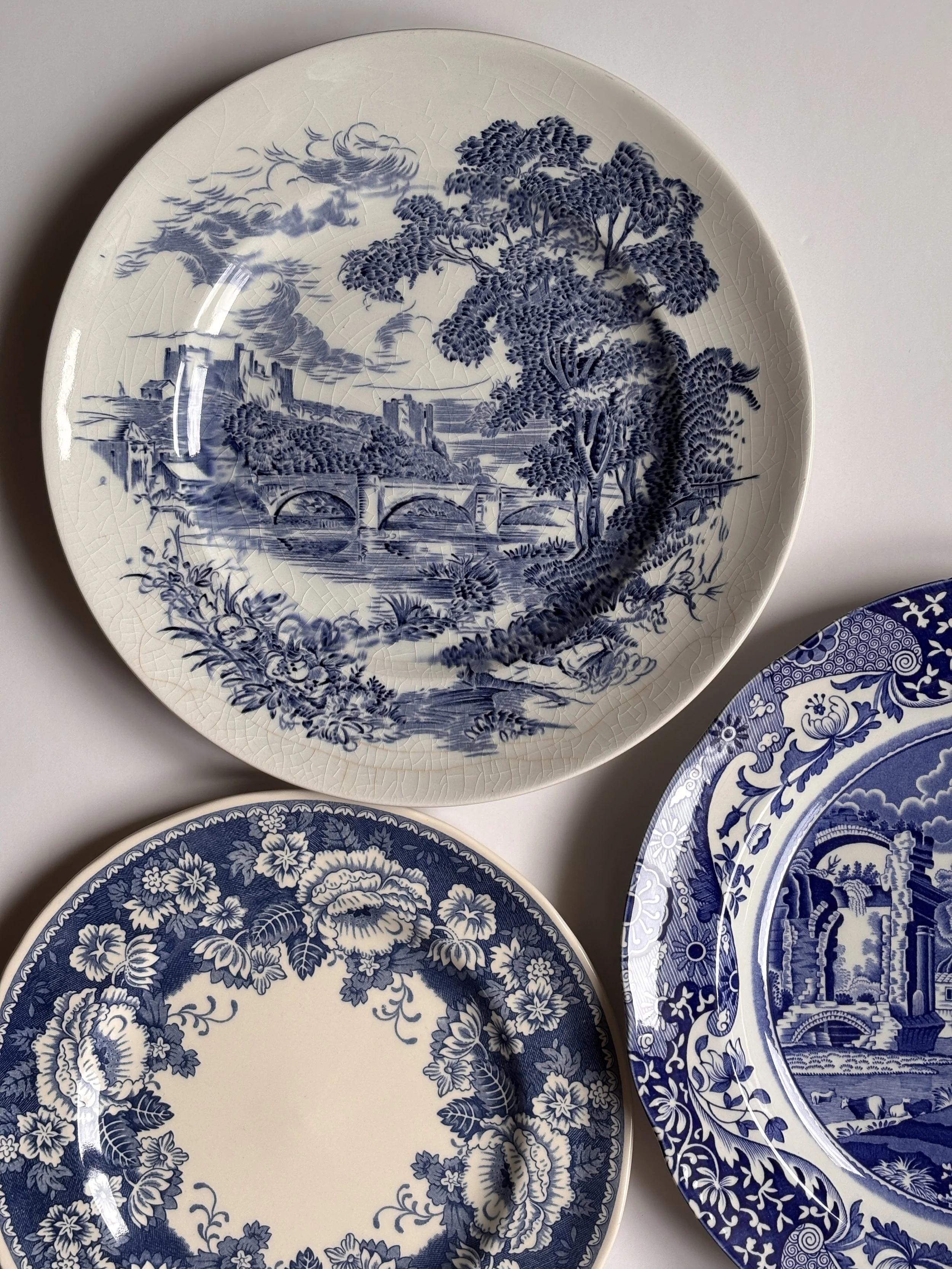 Curated Vintage Set of Blue and White Ironstone Wall Plates