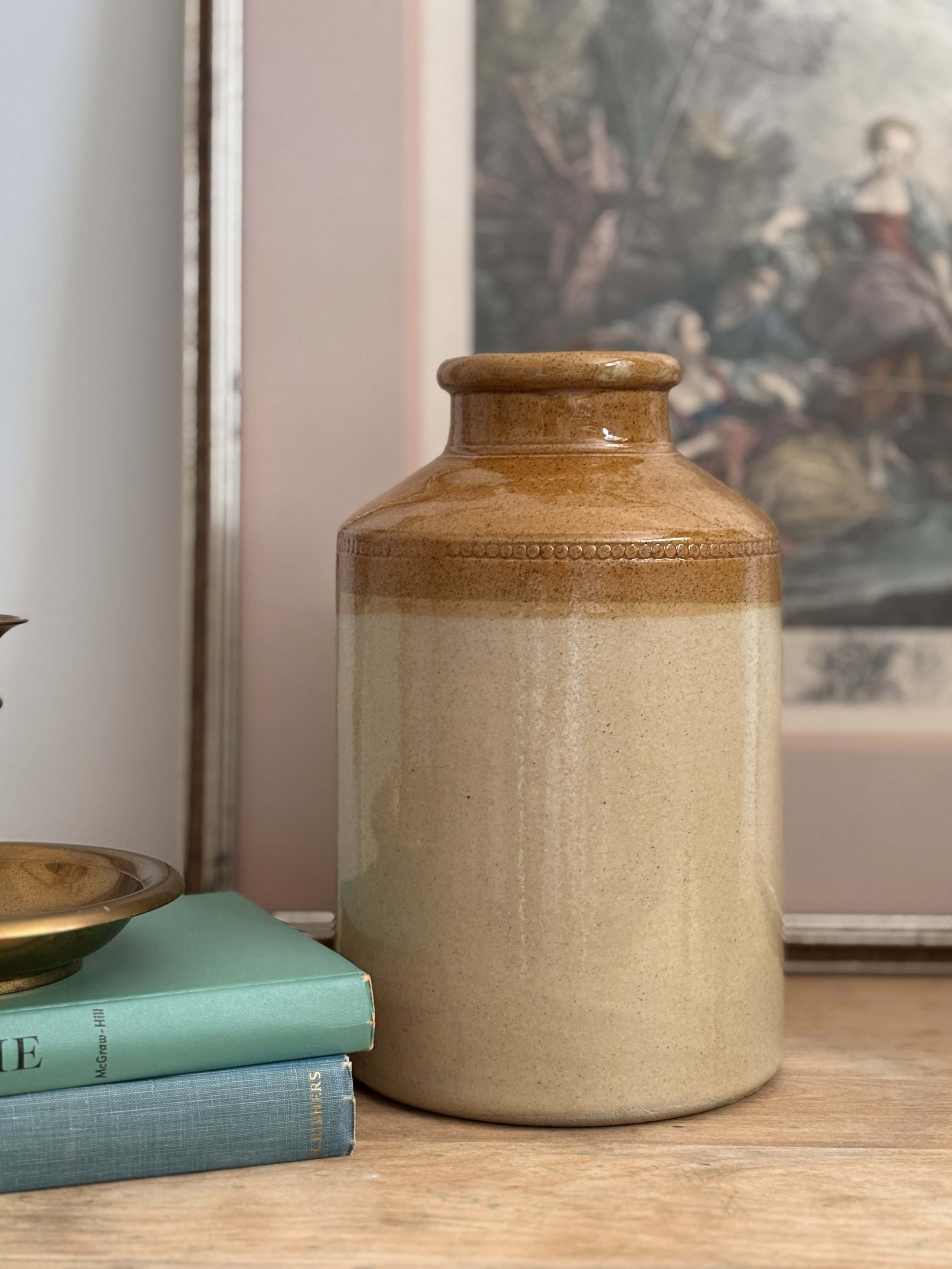 Antique Stoneware Crock – 1900s Two Tone Pantry Jar, Rustic Farmhouse Pottery