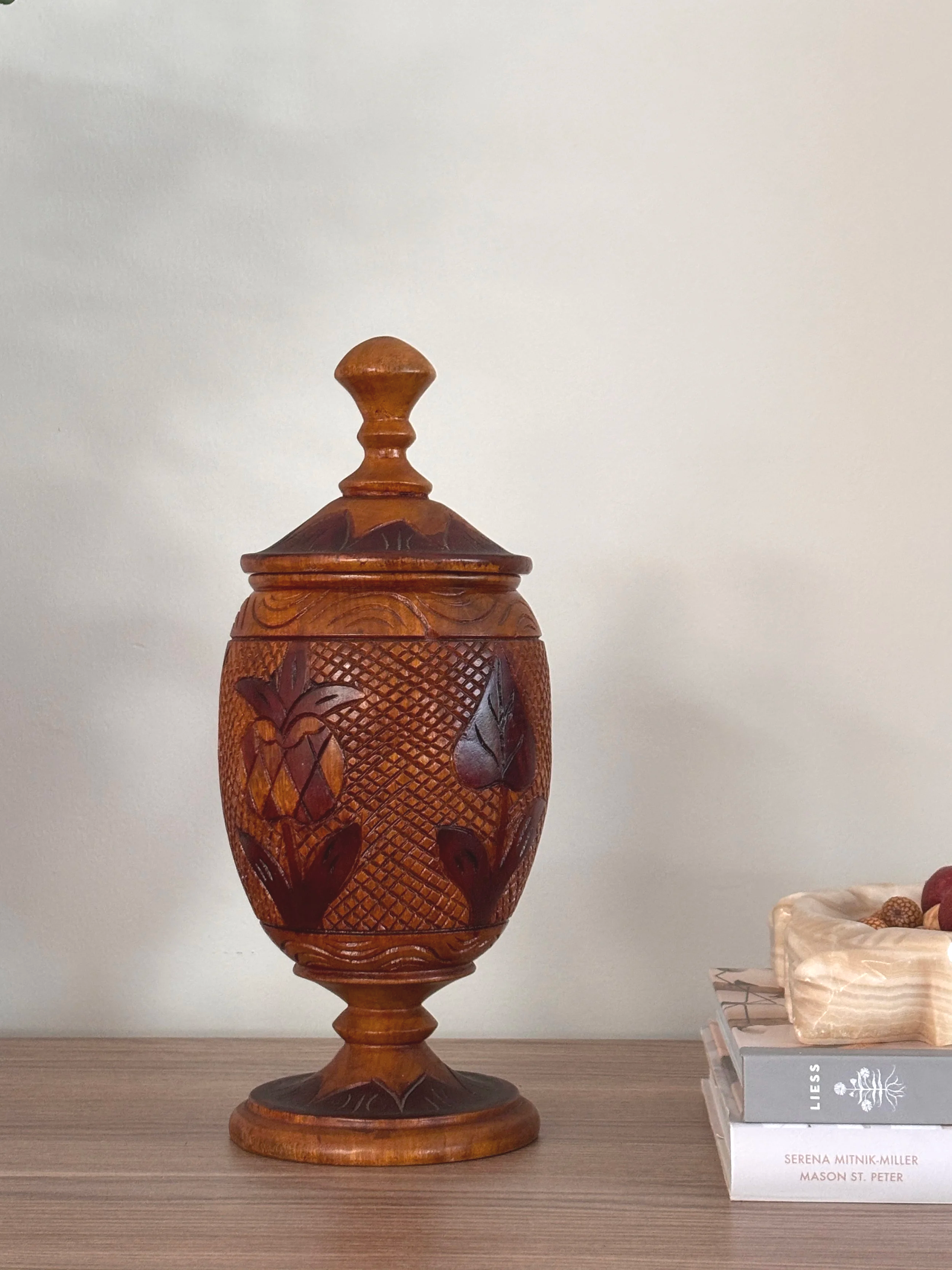 Vintage Hand Carved Wood Turned Flower Pedestal Jar