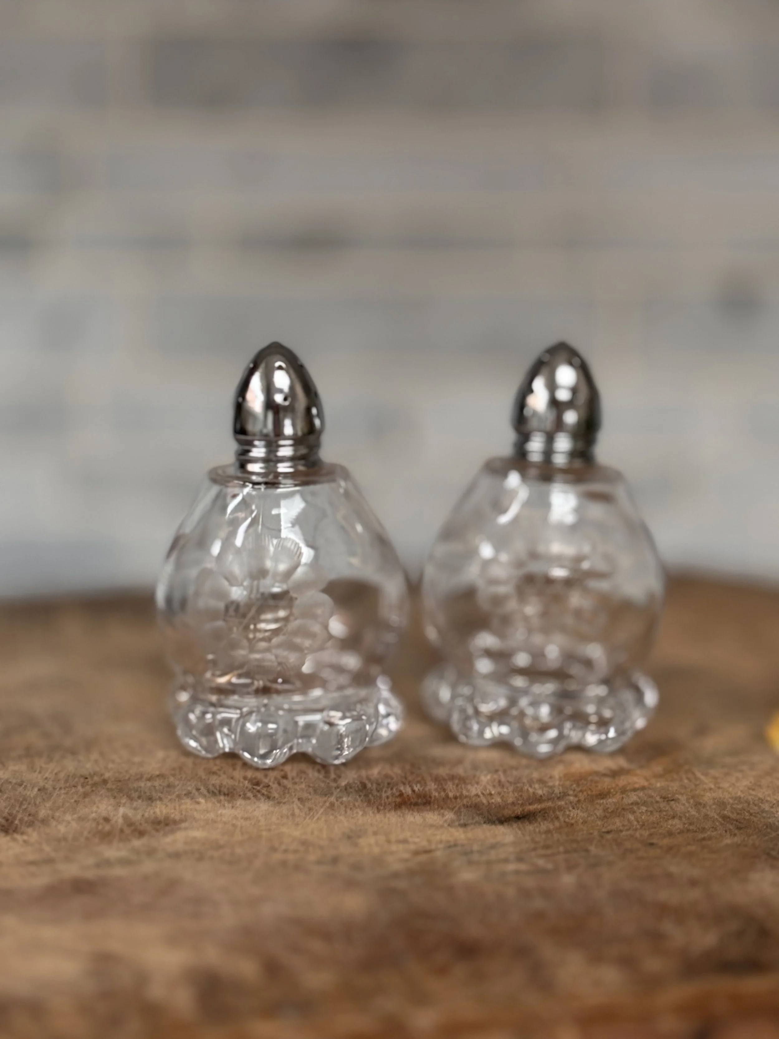 Vintage W.J. Hughes Cornflower Etched Glass Salt and Pepper Shaker Set