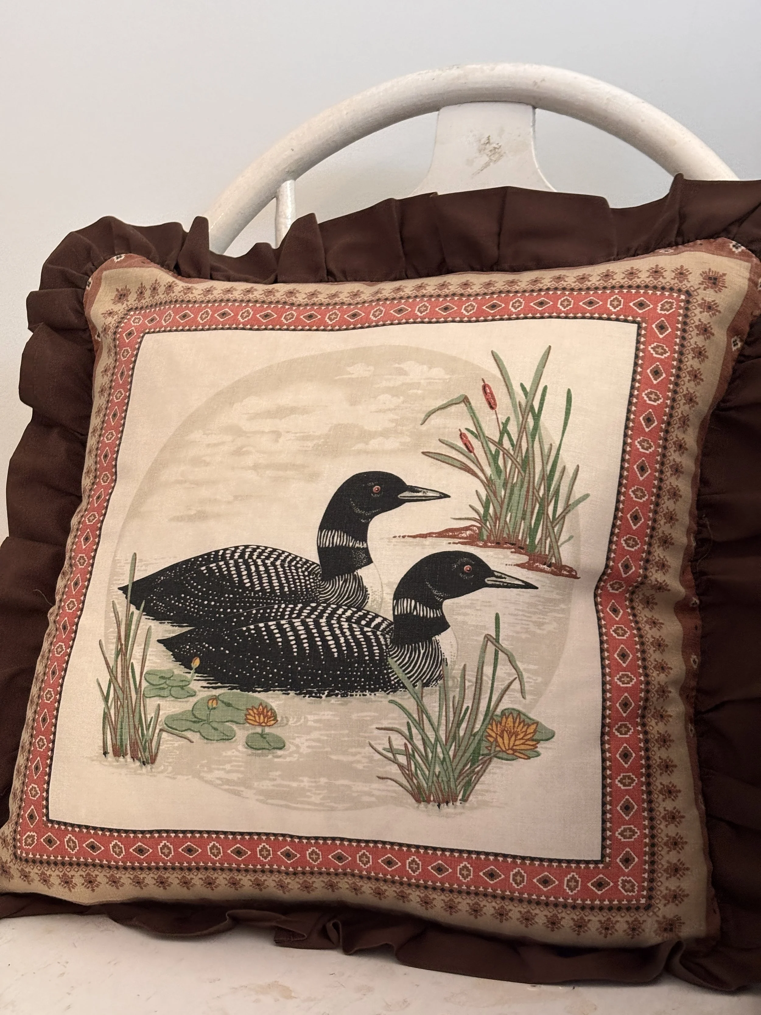 Vintage Loons On Lake Ruffle Brown Cushion