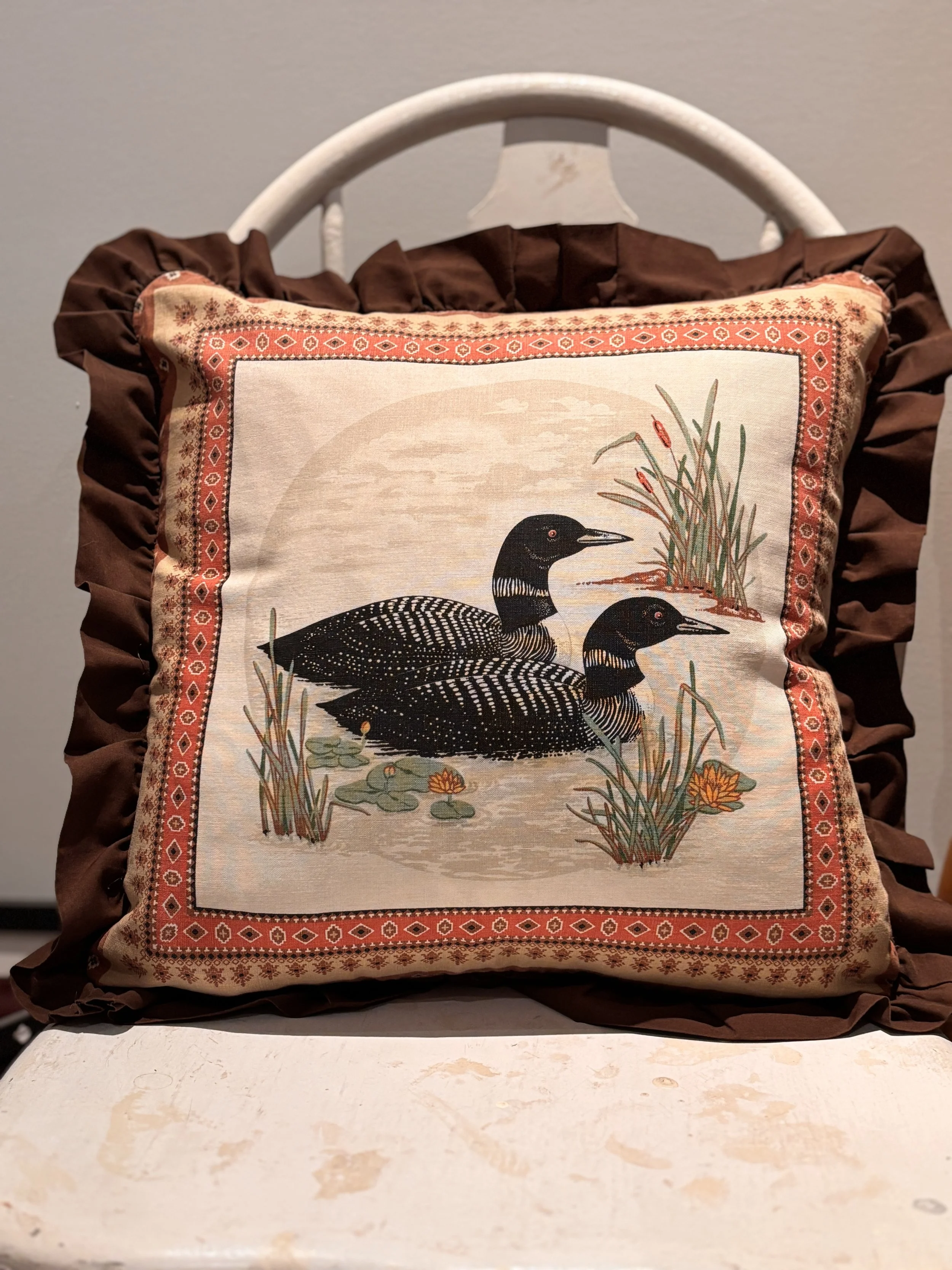 Vintage Loons On Lake Ruffle Brown Cushion