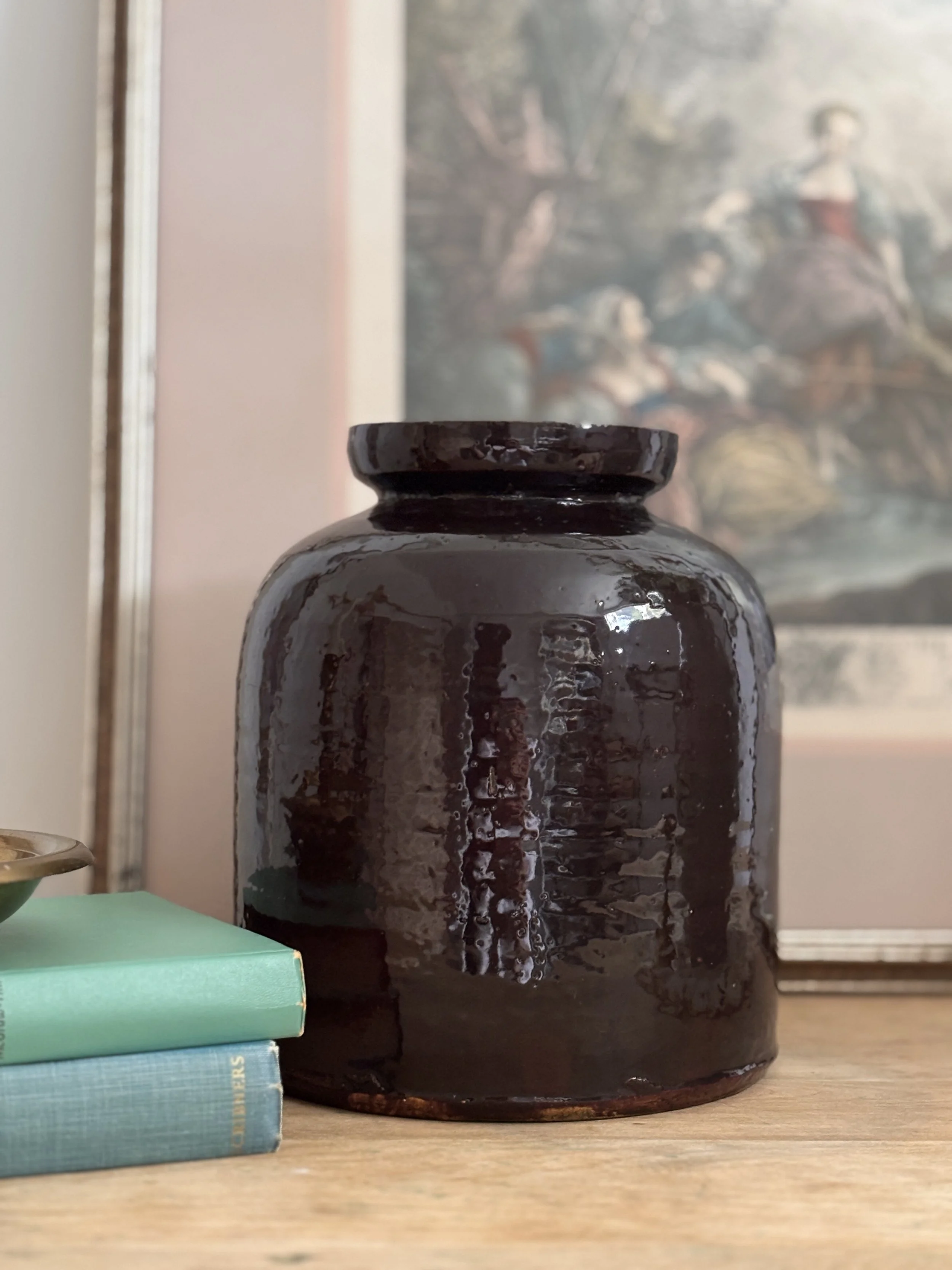 Vintage Brown Stoneware Crock | Dark Glazed Pottery Vase | Rustic Farmhouse Shelf Decor