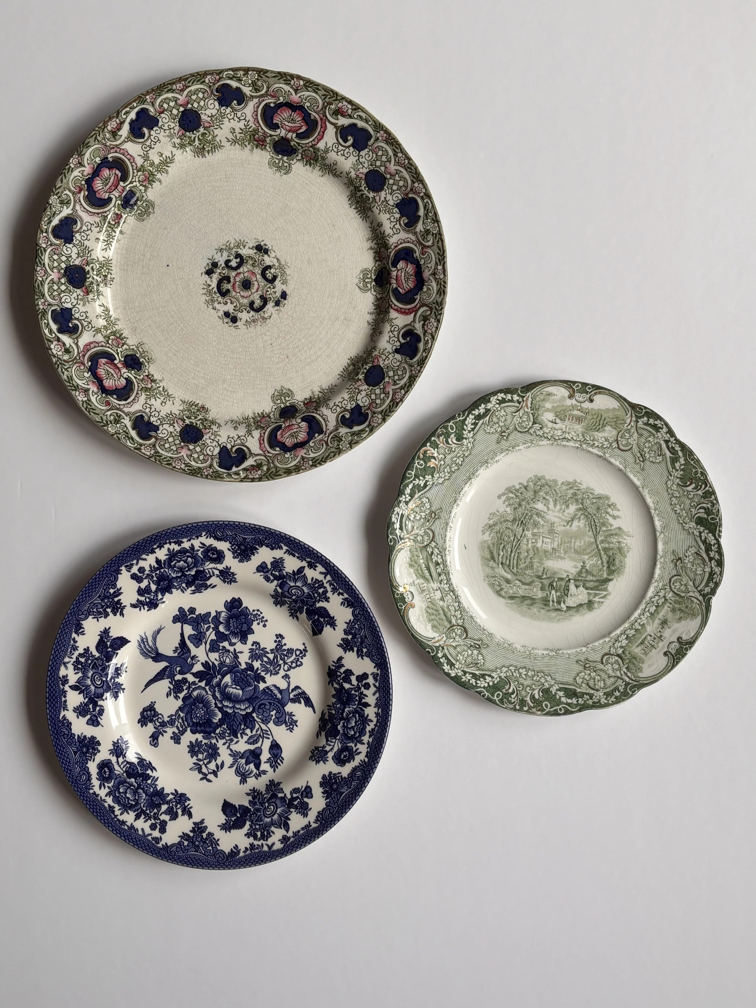 Curated Vintage Green And Blue Transferware Plate Trio