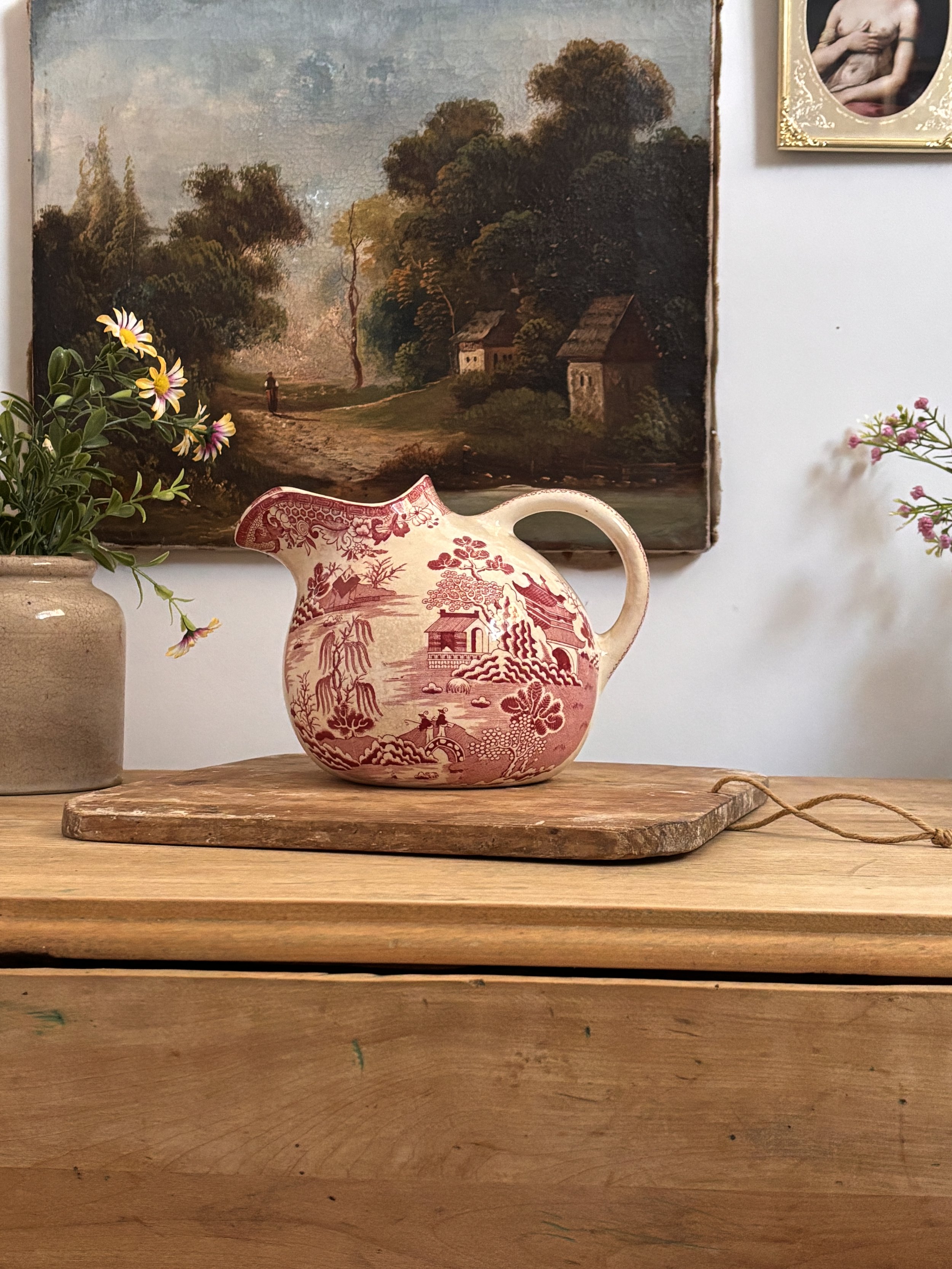 Antique Masons Red Transferware Willow Pattern Ball Pitcher