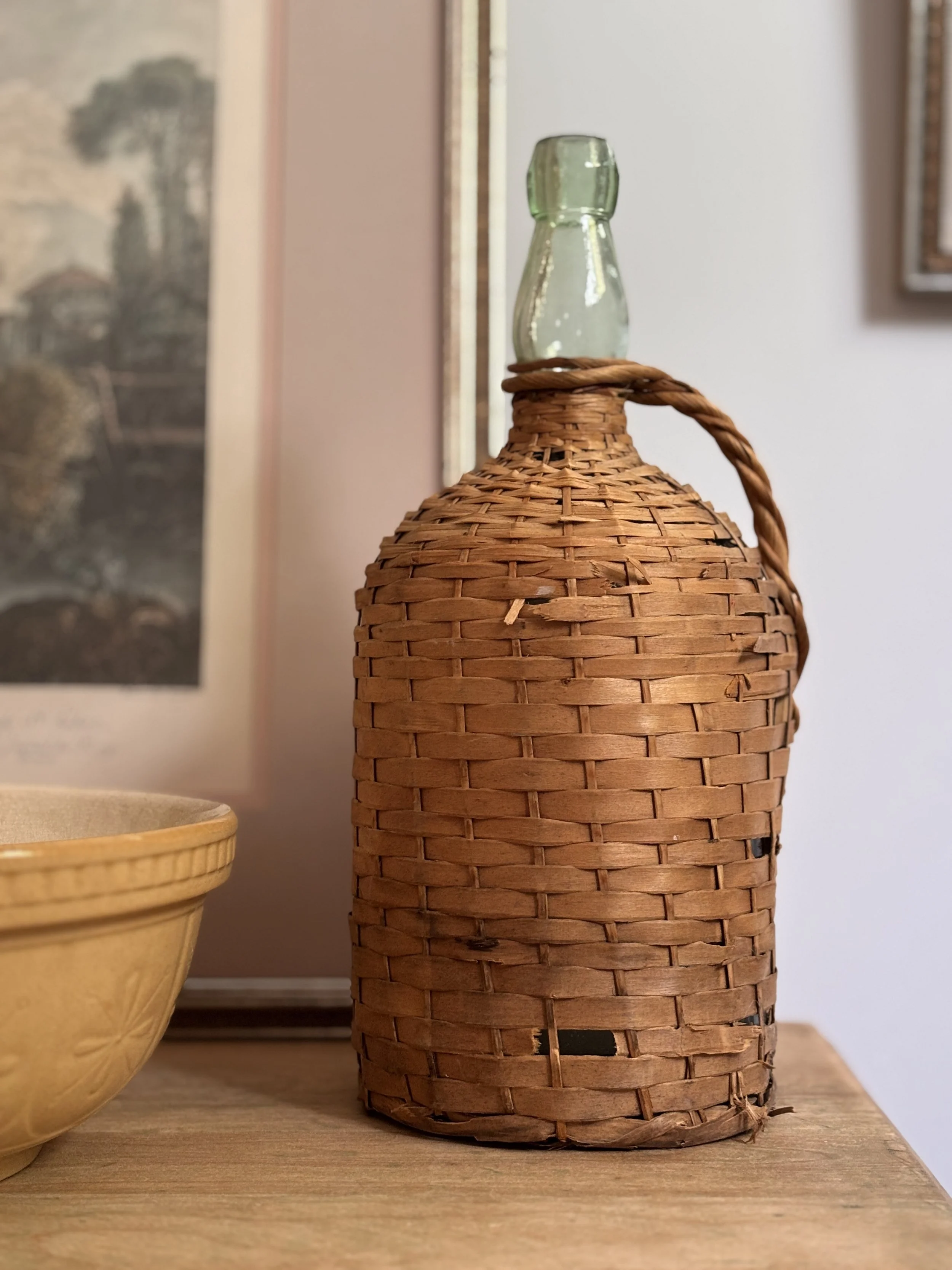 Antique Wicker Wrapped Aqua Green Glass Wine Bottle