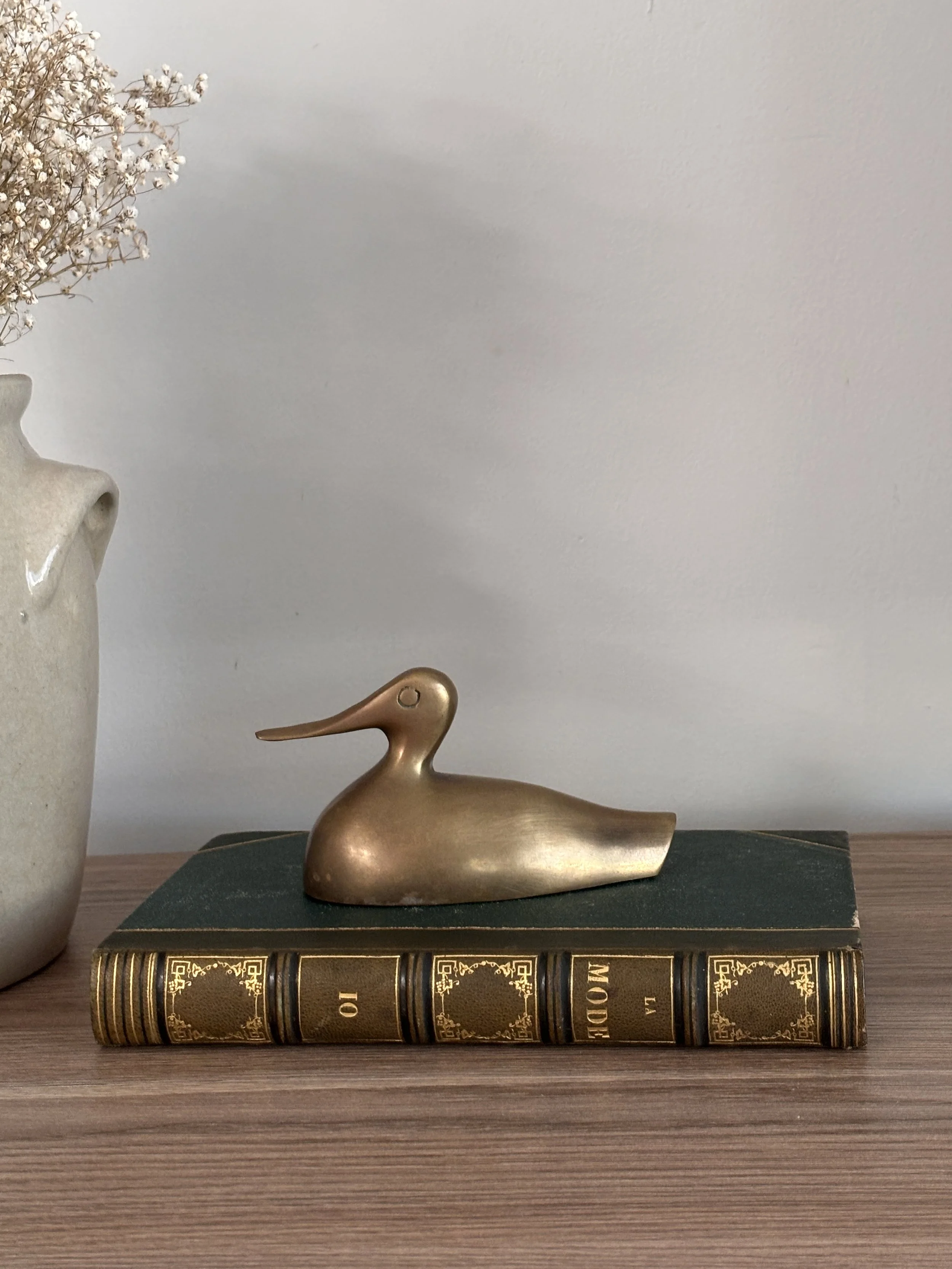 Vintage Mid Century Solid Brass Swimming Duck Figure