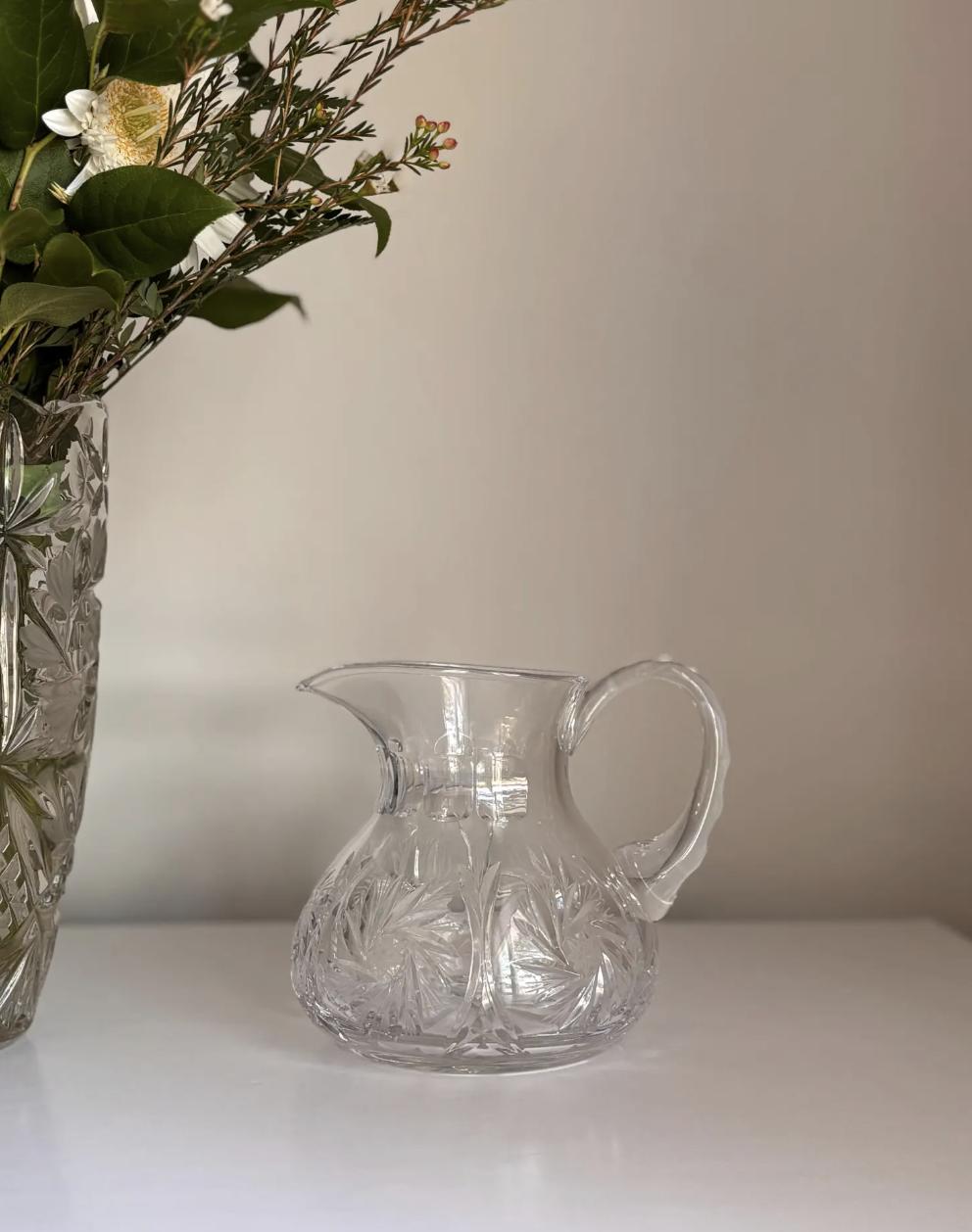 Vintage Fine Crystal Cut Glass Whirling Hobstar Pattern Pitcher