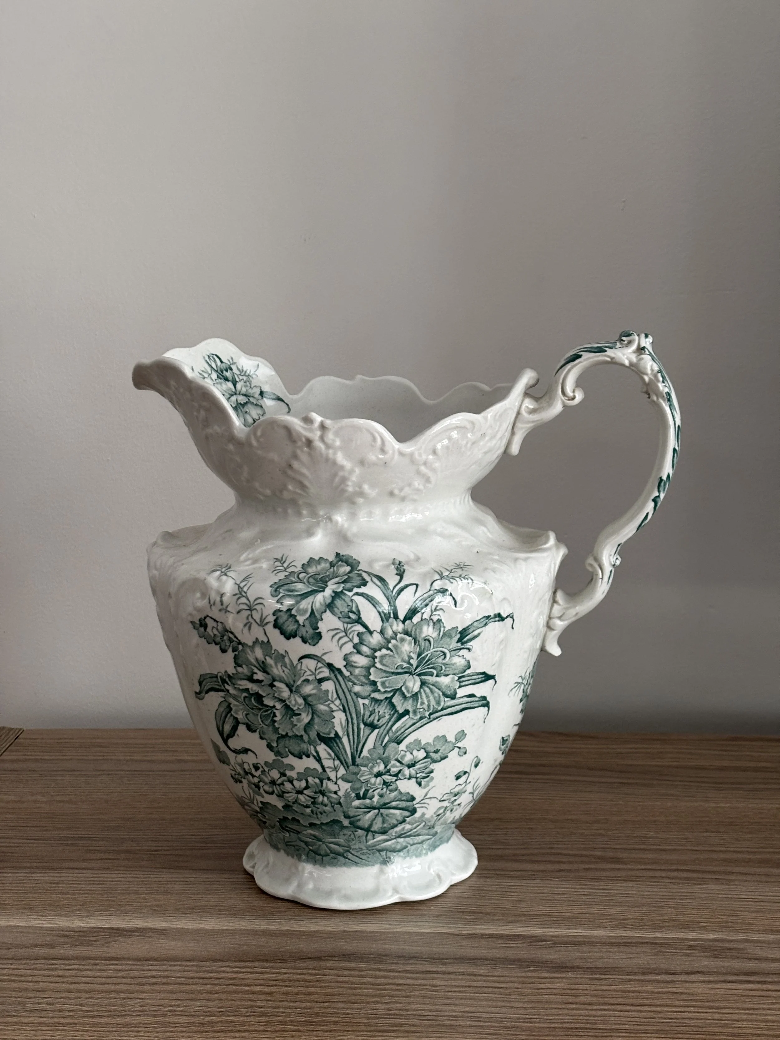 Antique Dudson, Wilcox & Till Water Jug, Carnation Pattern Green, White Transferware Bath Pitcher