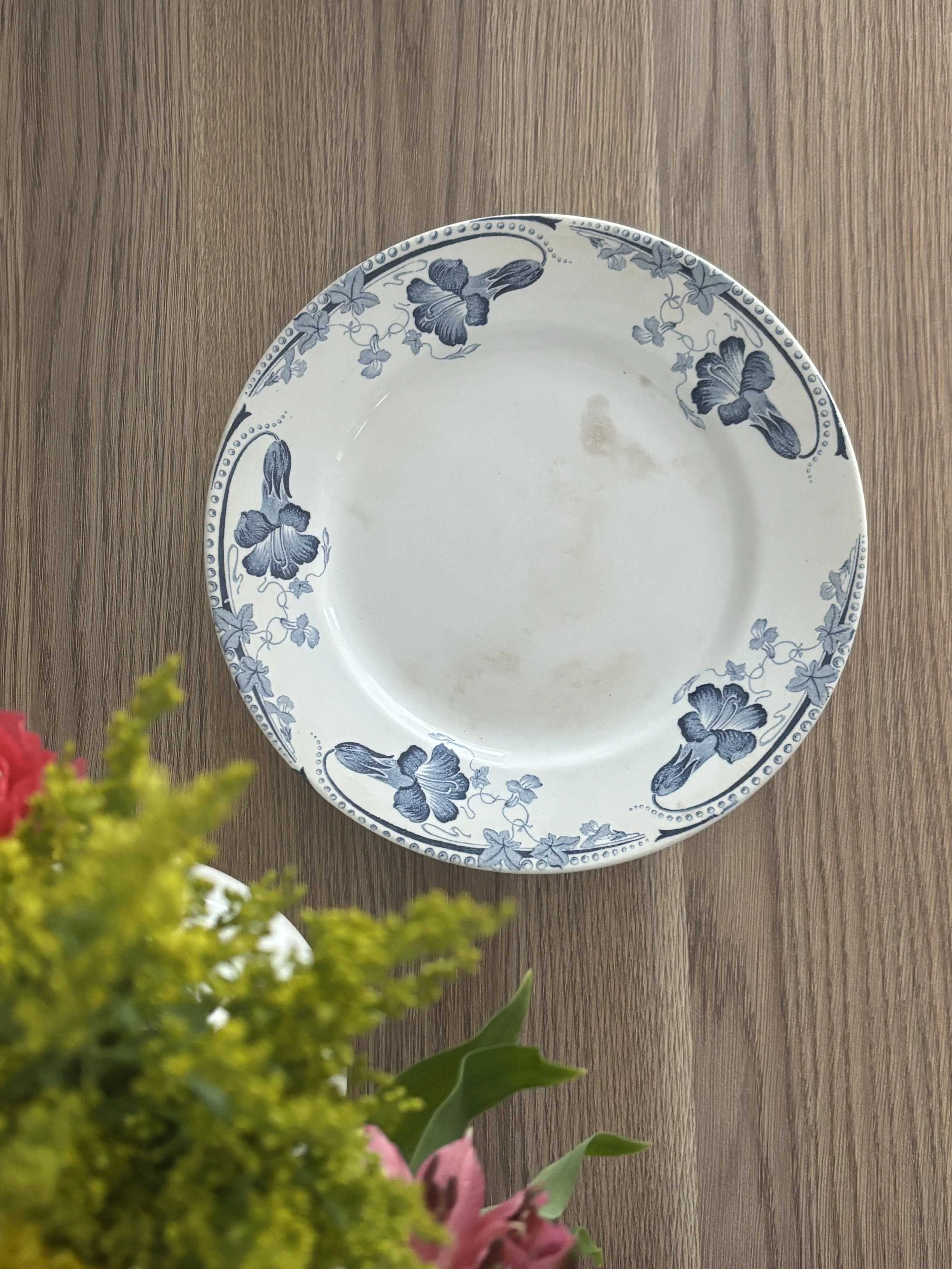 Antique Terre De Fer  Blue and White Transferware Raised Cake Plate