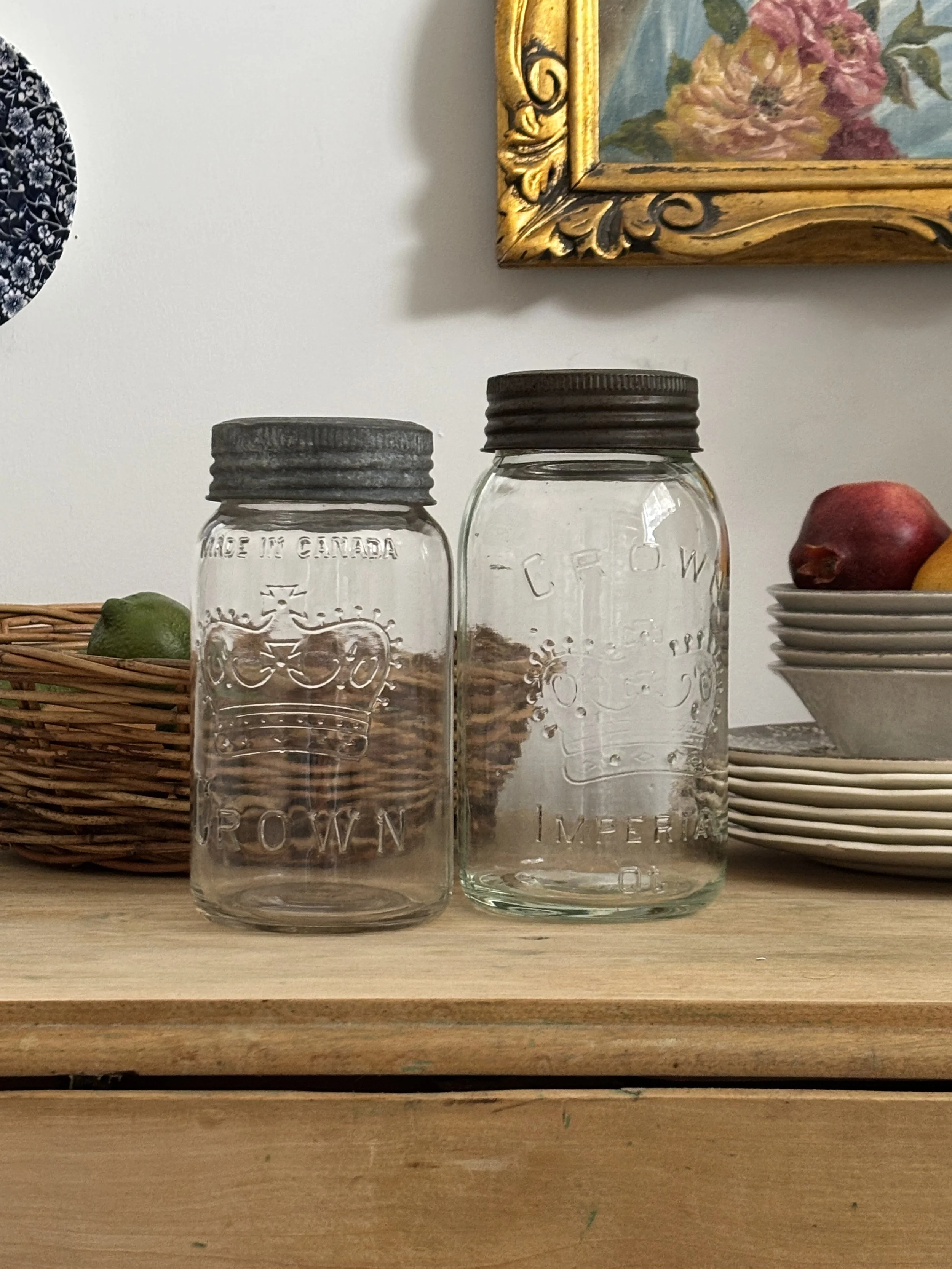 Vintage 1946 Canada Crown Glass Mason Jar Set