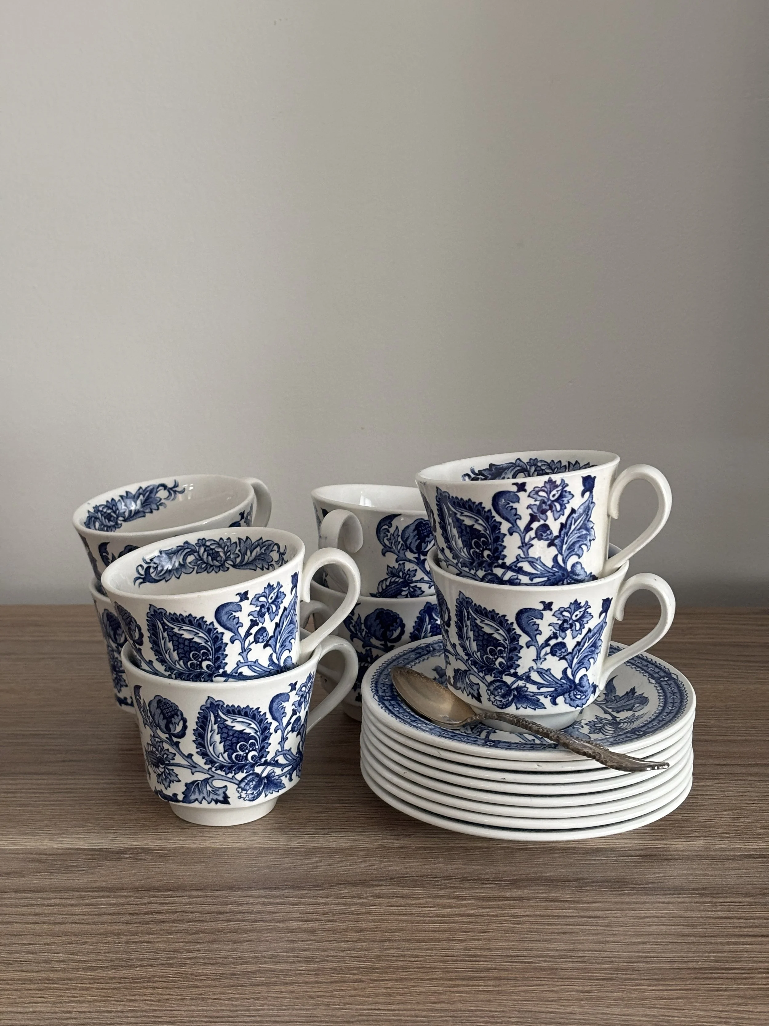 Vintage Set of Eight Blue Transferware Teacup and Saucer by Ridgway